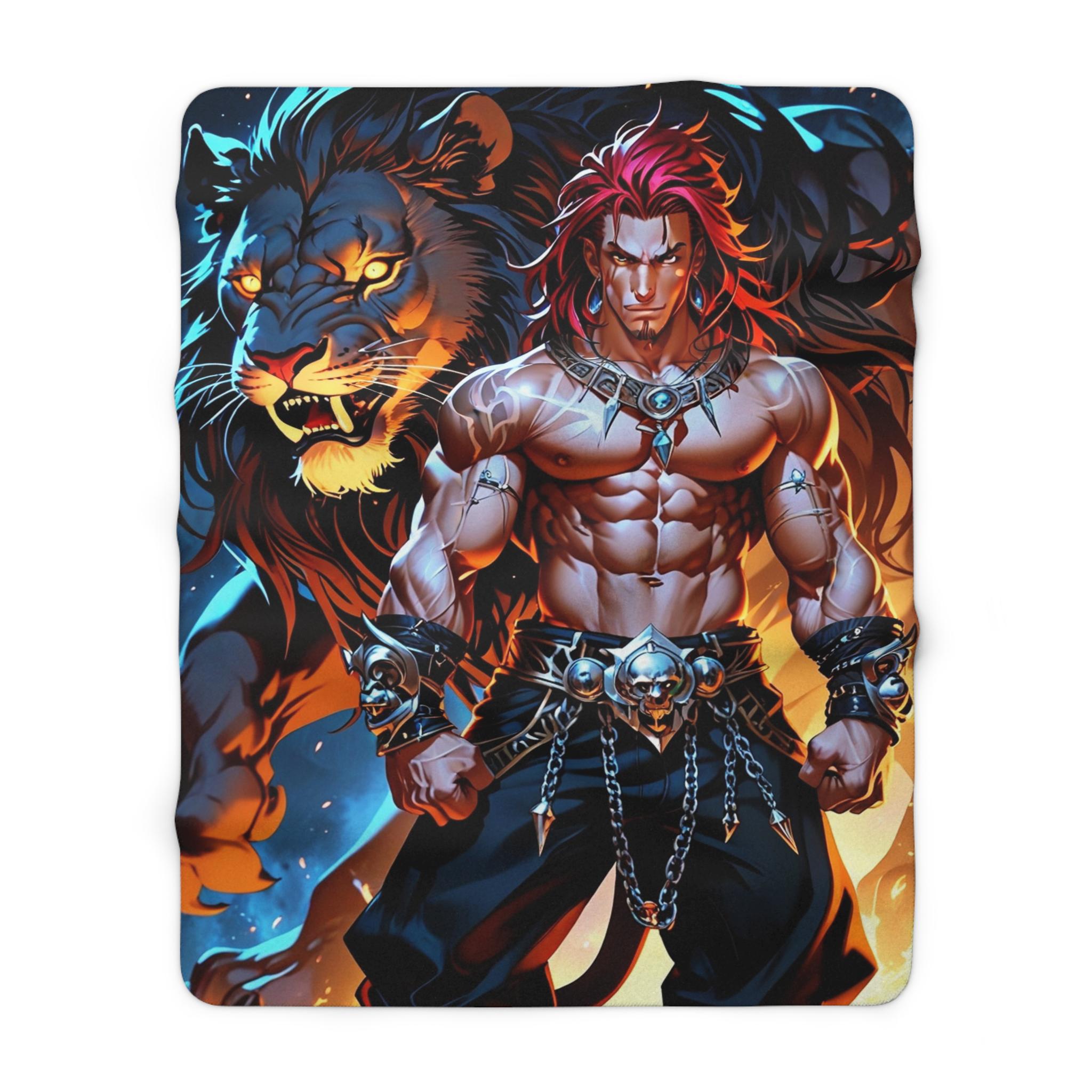Lion Warrior Anime Blanket, Fierce Beastmaster Sherpa Throw for Anime Fans, Fantasy Lovers, and Gamers