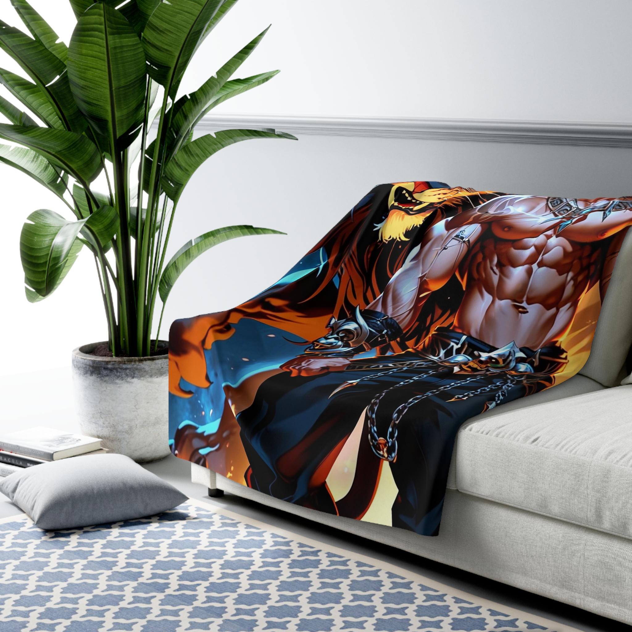 Lion Warrior Anime Blanket, Fierce Beastmaster Sherpa Throw for Anime Fans, Fantasy Lovers, and Gamers