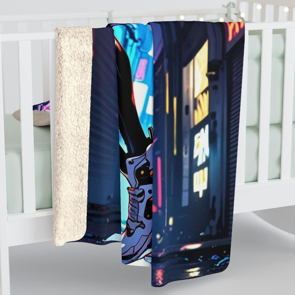 Anime Cyberpunk Girl Sherpa Blanket Neon Glow Techwear Gift for Gamers and Anime Fans