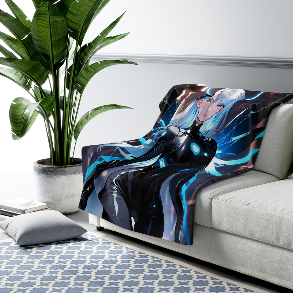 Cyber Angel Anime Blanket Neon Blue Wings Black Techwear Sci Fi Futuristic Girl Soft Cozy Gift for Gamers and Otaku