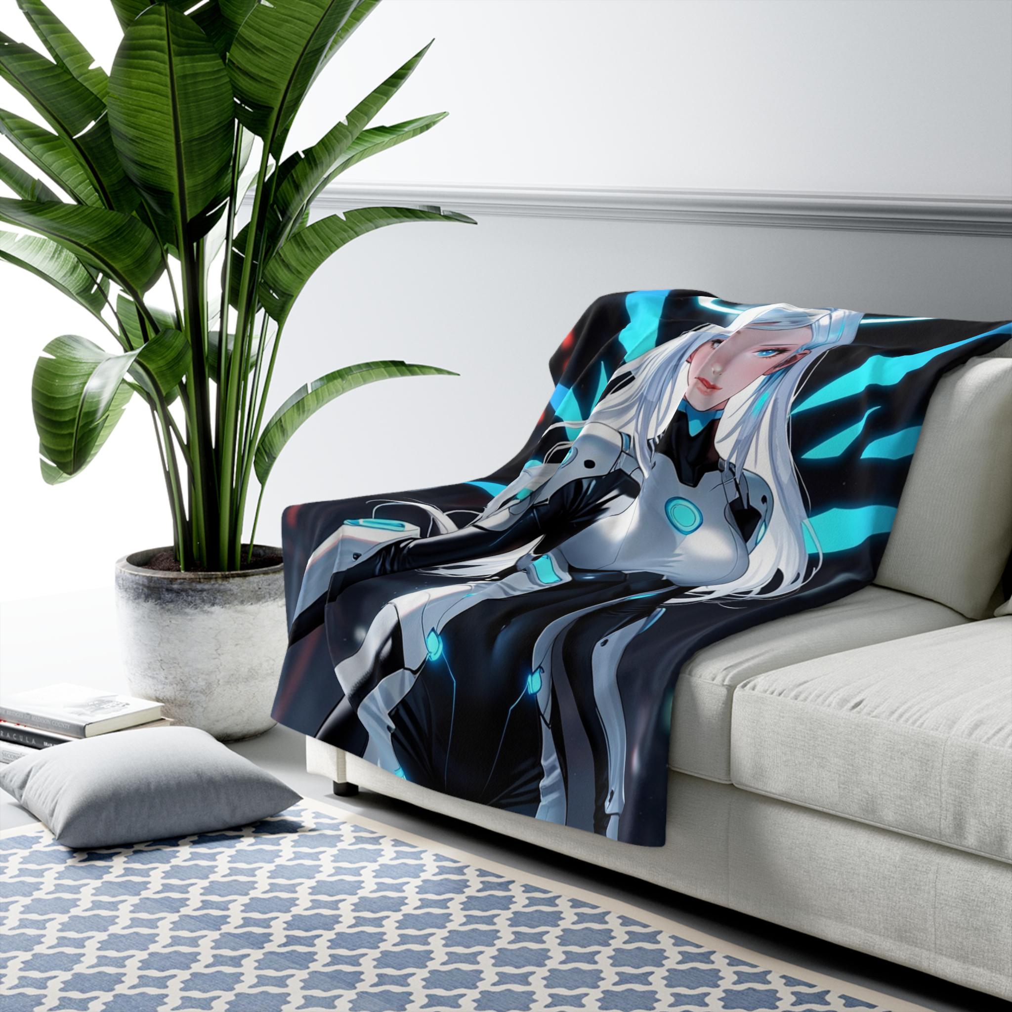 Cyber Angel Anime Blanket White Neon Wings Futuristic Techwear Girl Soft Sherpa Throw for Anime Lovers and Gamers