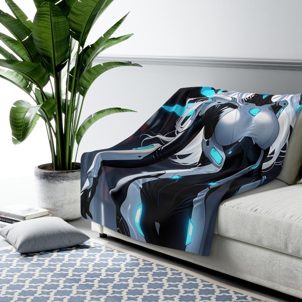 Cyber Angel Anime Blanket White Neon Wings Futuristic Techwear Girl Soft Sherpa Throw for Anime Lovers and Gamers