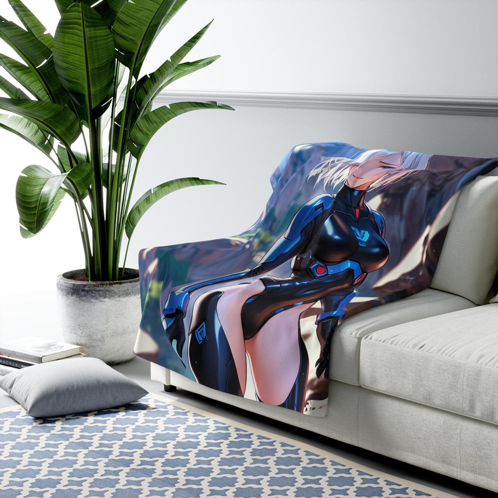 Anime Sci Fi Girl Blanket Blue Tech Armor Sherpa Throw Futuristic Warrior Art Cozy Gift for Anime Lovers and Gamers