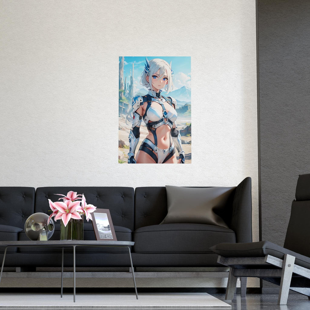Anime Sci Fi Warrior Poster White Hair Girl Wall Art Futuristic Armor Blue Sky Landscape Gift for Anime Fans and Gamers