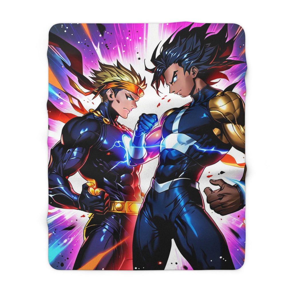 Anime Superhero Boys Sherpa Blanket Neon Glow Clash Comic Style Cozy Gift for Anime Fans and Teen Gamers