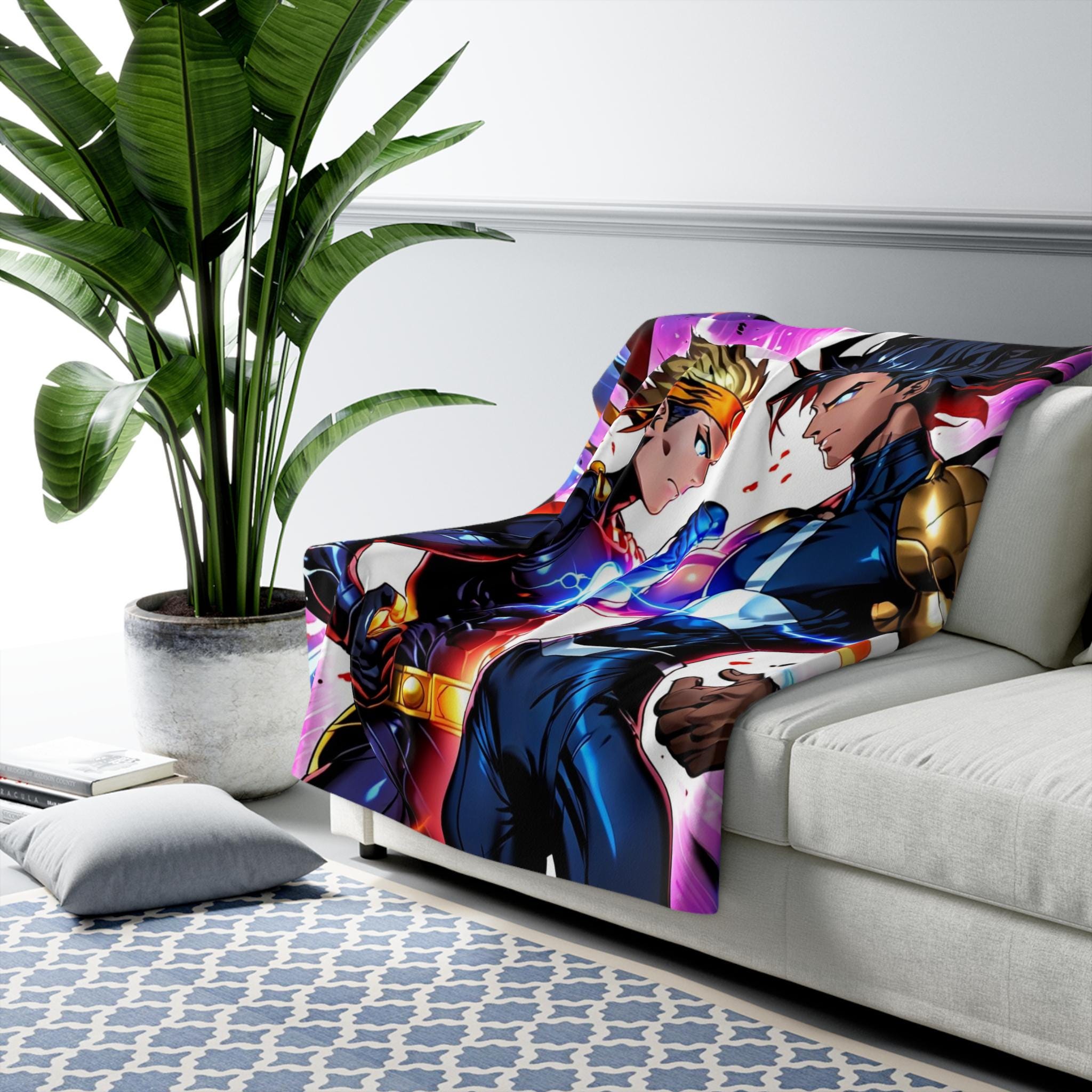 Anime Superhero Boys Sherpa Blanket Neon Glow Clash Comic Style Cozy Gift for Anime Fans and Teen Gamers