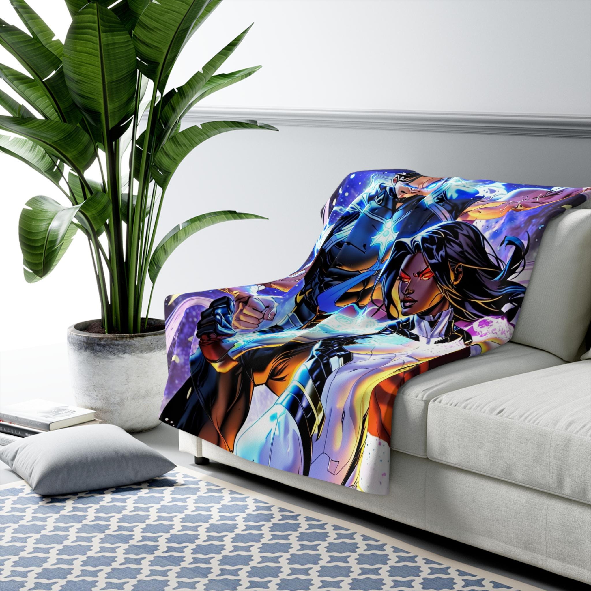 Electric Anime Duo Blanket Superhero Couple Sherpa Throw Cool Power Gift for Him or Her Cozy Anime Decor