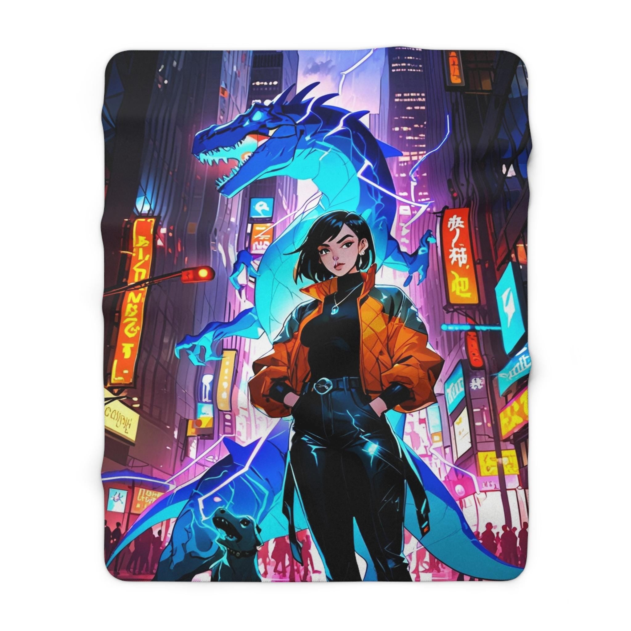 Cyberpunk Dragon Girl Sherpa Blanket Neon Blue Lightning Urban Anime Blanket for Gamers and Futuristic Fantasy Fans