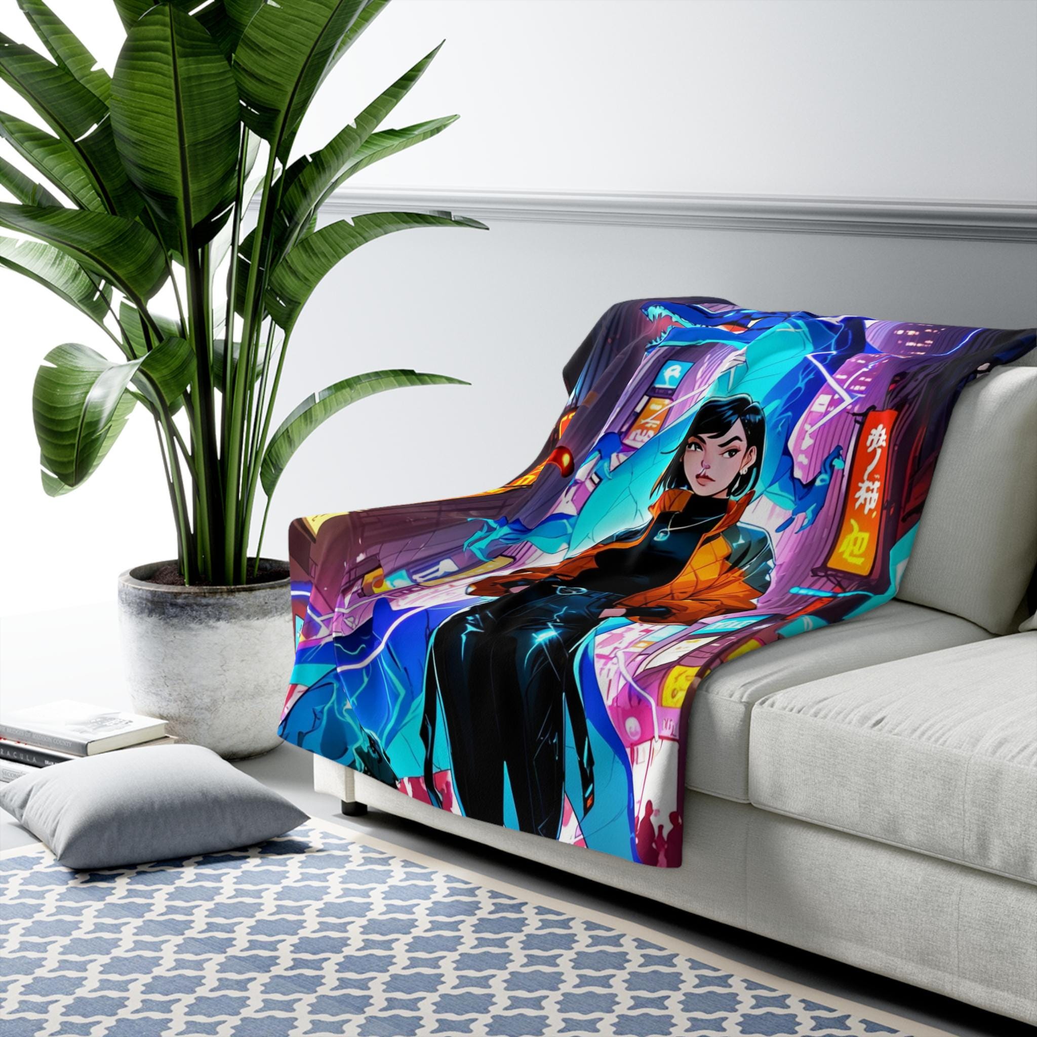 Cyberpunk Dragon Girl Sherpa Blanket Neon Blue Lightning Urban Anime Blanket for Gamers and Futuristic Fantasy Fans