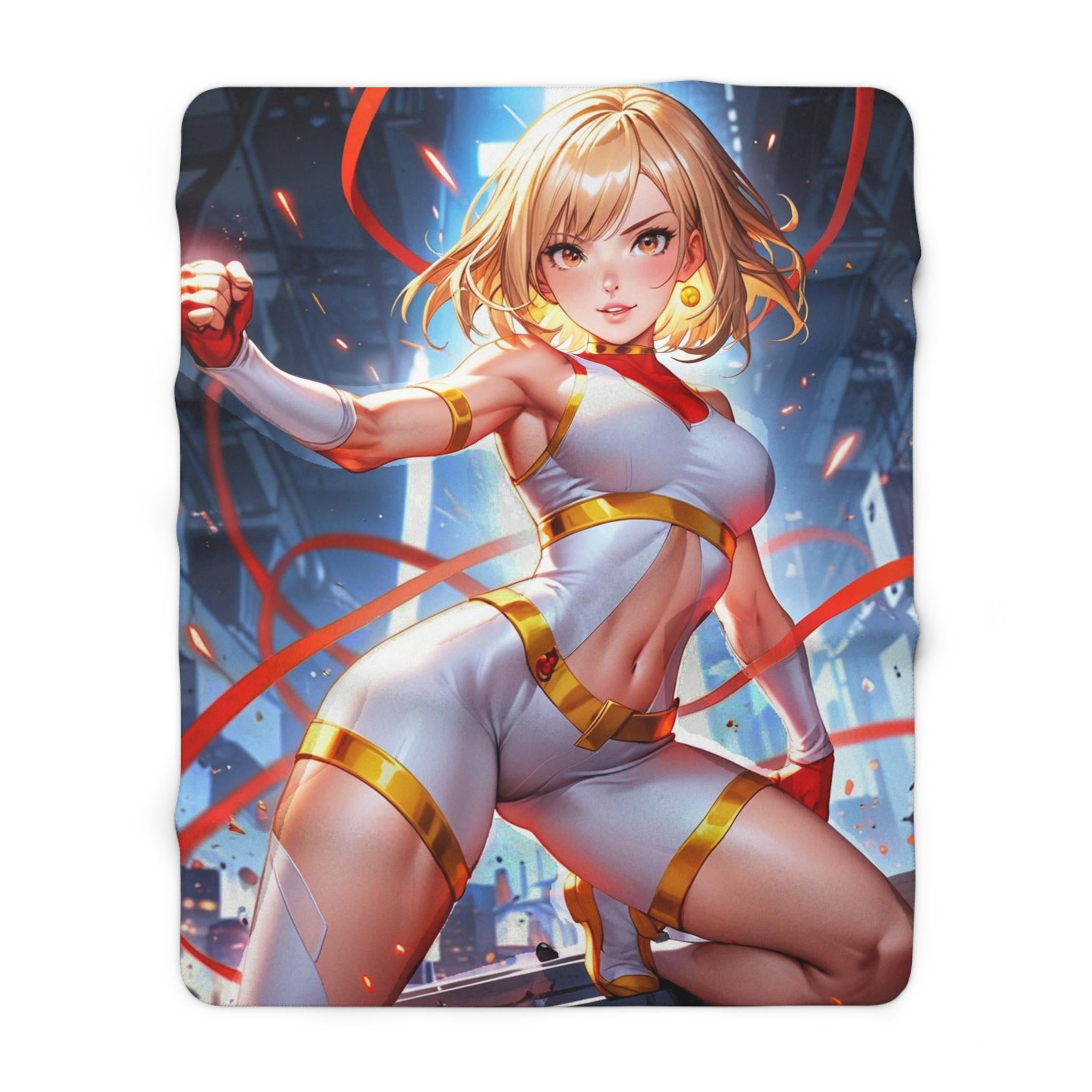 Anime Heroine Blanket Blonde Superhero Girl Throw White Gold Suit Sherpa Blanket Gift for Anime Fans and Collectors