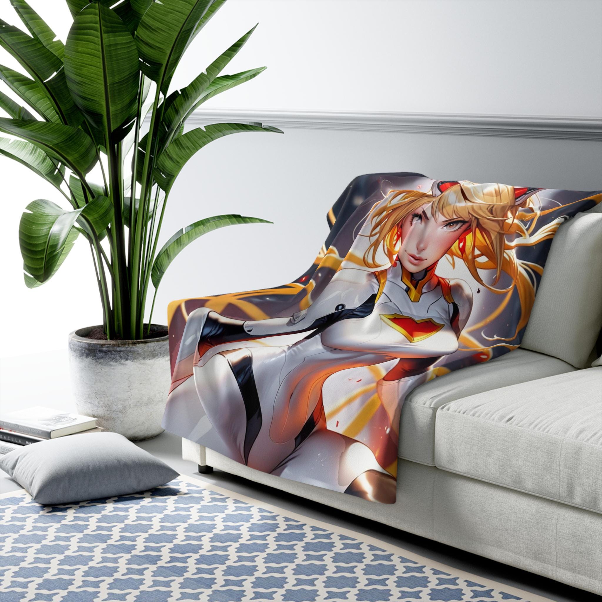 Blonde Cat Hero Anime Blanket Sherpa Fleece Throw Futuristic Power Girl Gamer Gift for Anime Lovers and Otaku Fans