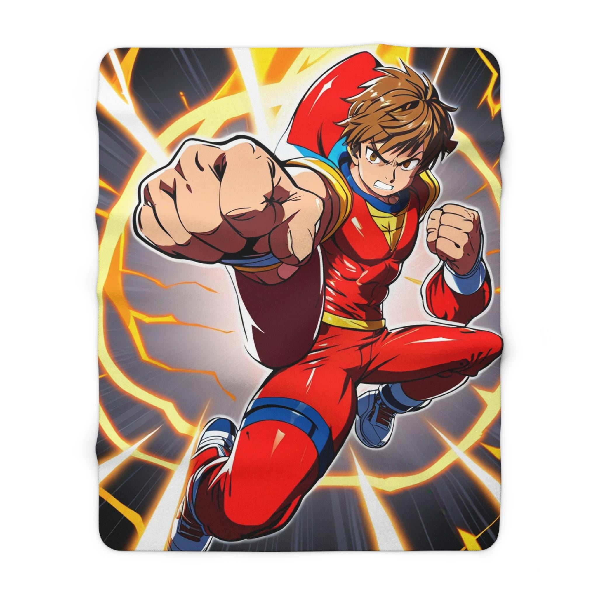 Anime Hero Sherpa Blanket Red Suit Lightning Punch Manga Superpower Cozy Fleece Gift for Anime Lovers and Gamers
