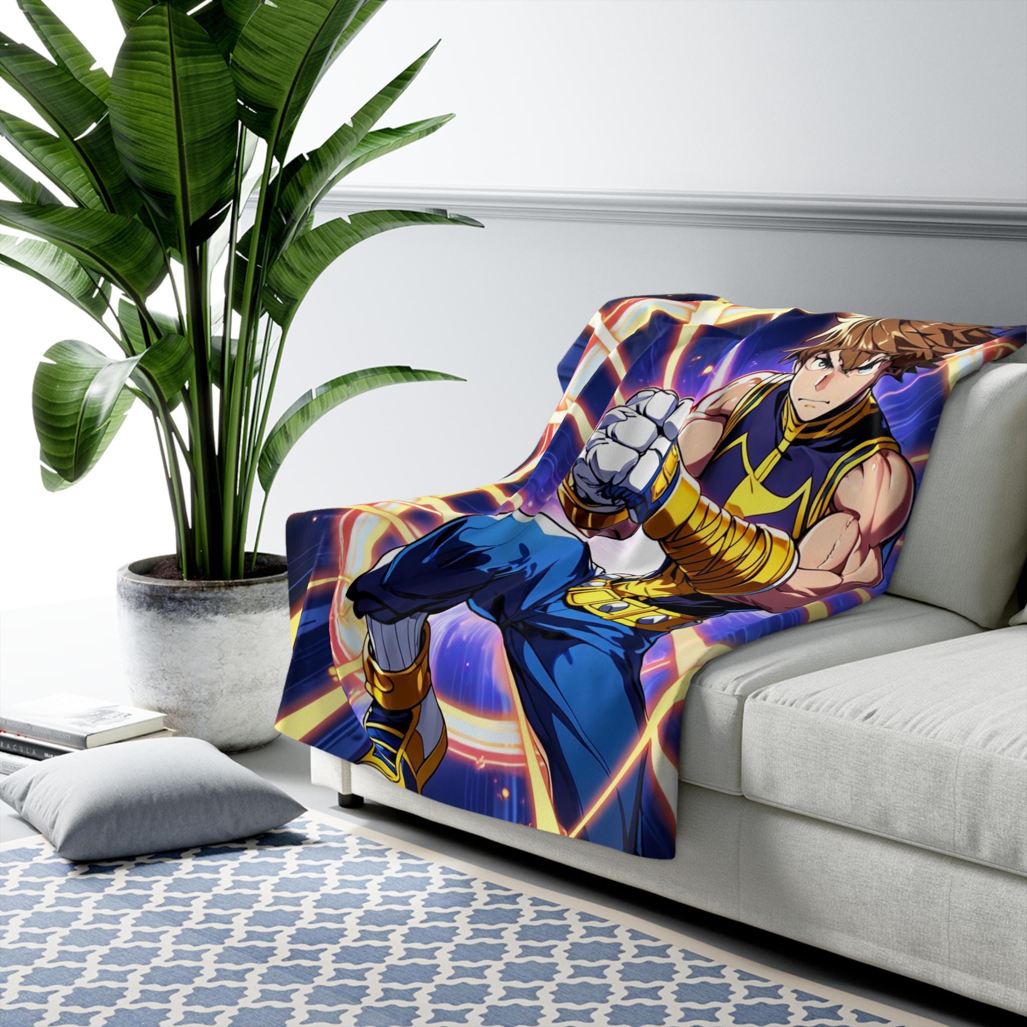 Anime Hero Sherpa Blanket Yellow Star Punch Muscular Fighter Fleece Throw Gift for Anime Lovers and Gamers
