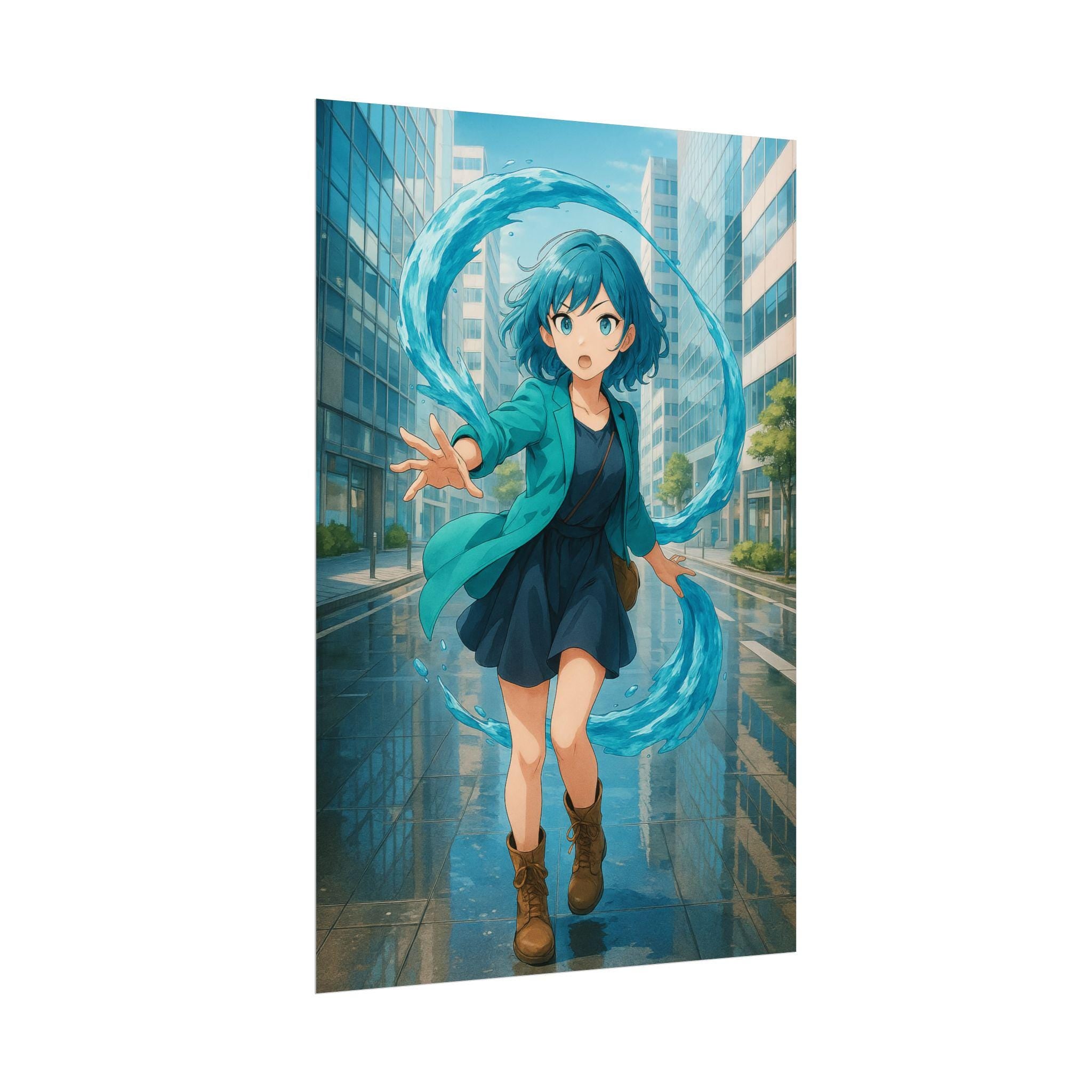 Aqua Spirit Anime Girl Poster | Water Power Wall Art | Elemental Magic Aesthetic | Blue Teal Urban Fantasy Decor | Epic Anime Apparel