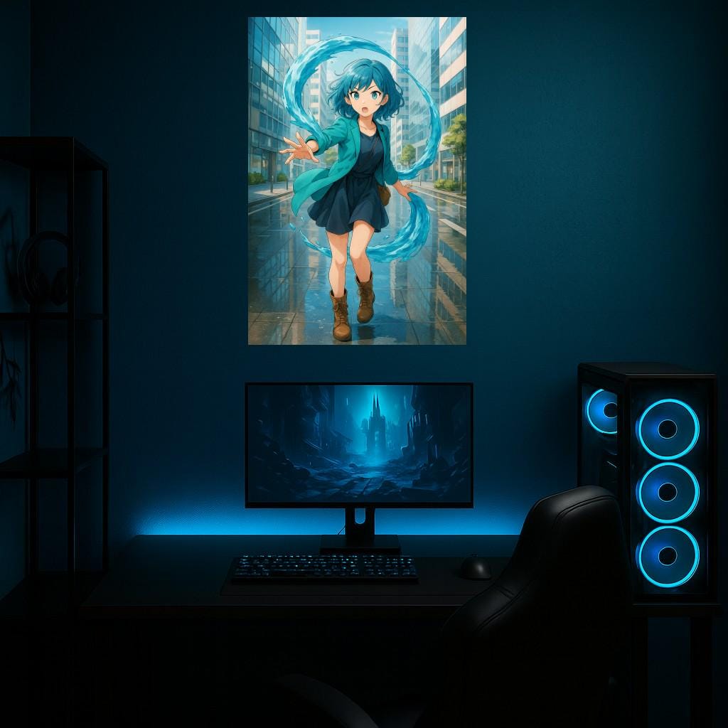 Aqua Spirit Anime Girl Poster | Water Power Wall Art | Elemental Magic Aesthetic | Blue Teal Urban Fantasy Decor | Epic Anime Apparel