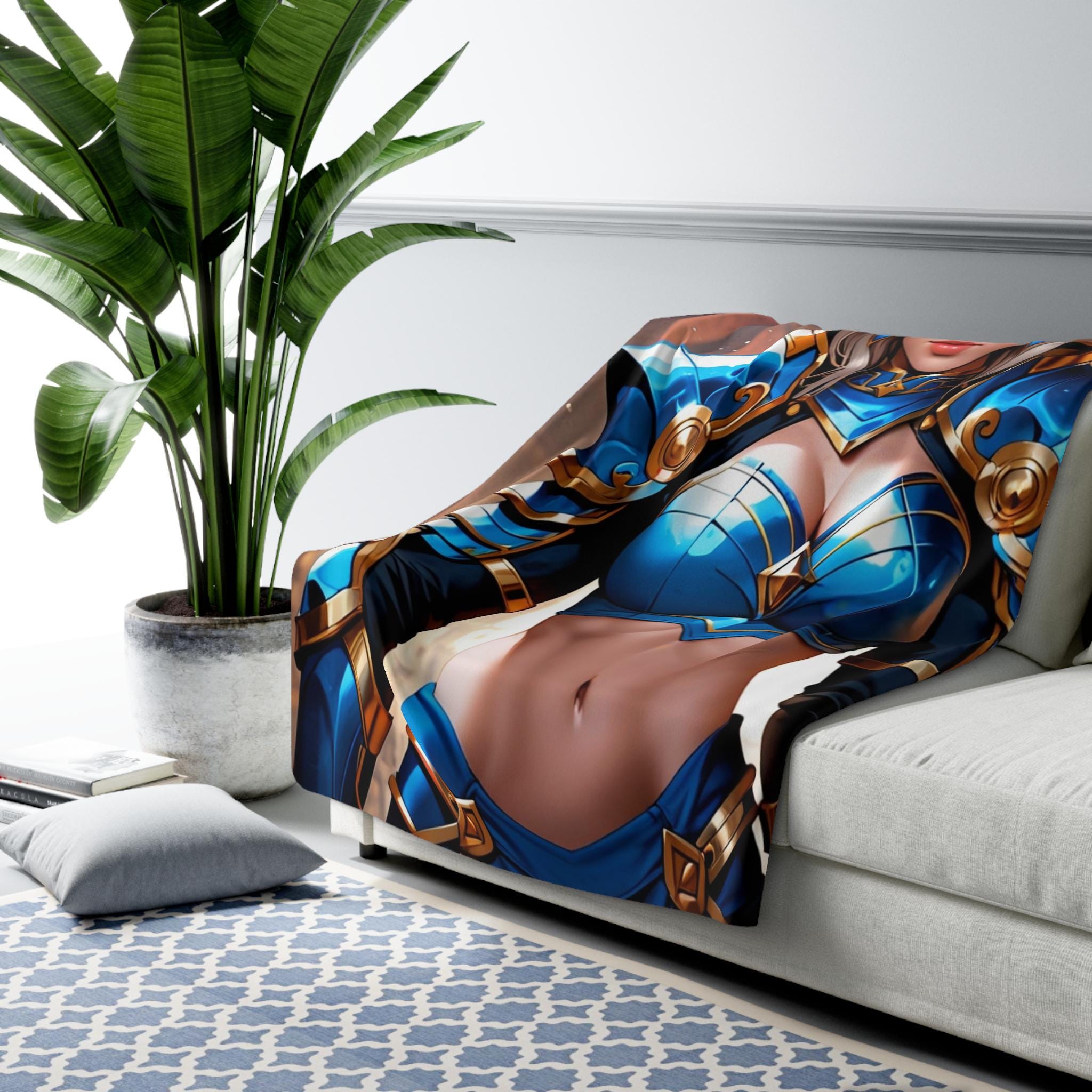 Blue Anime Warrior Sherpa Blanket Strong Fantasy Girl Throw Armor Magic Gift for Anime Fans and Gamers
