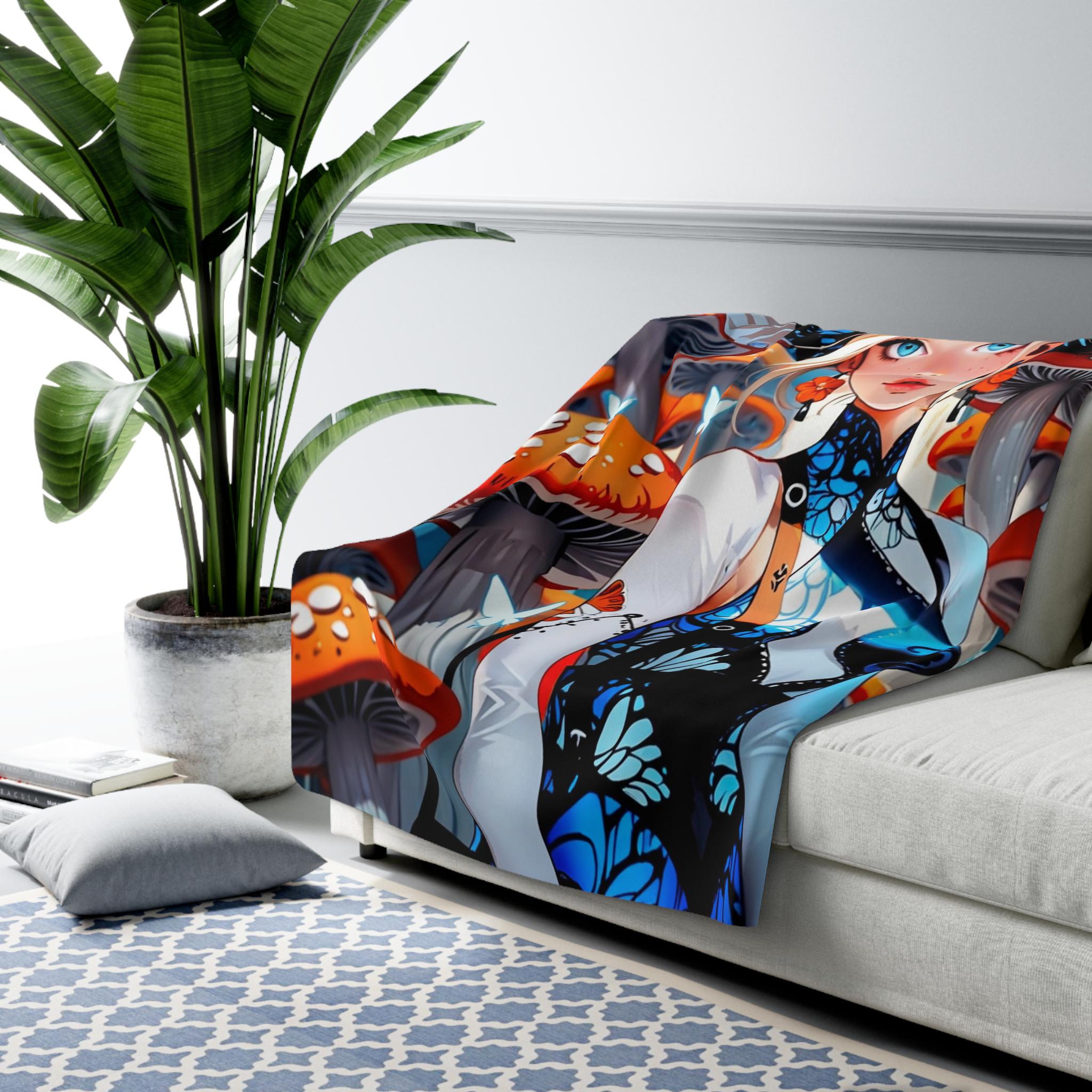 Mushroom Fairy Girl Blanket Cute Cottagecore Butterfly Anime Sherpa Blanket Cozy Soft Fleece Gift for Her Whimsical Fantasy Decor