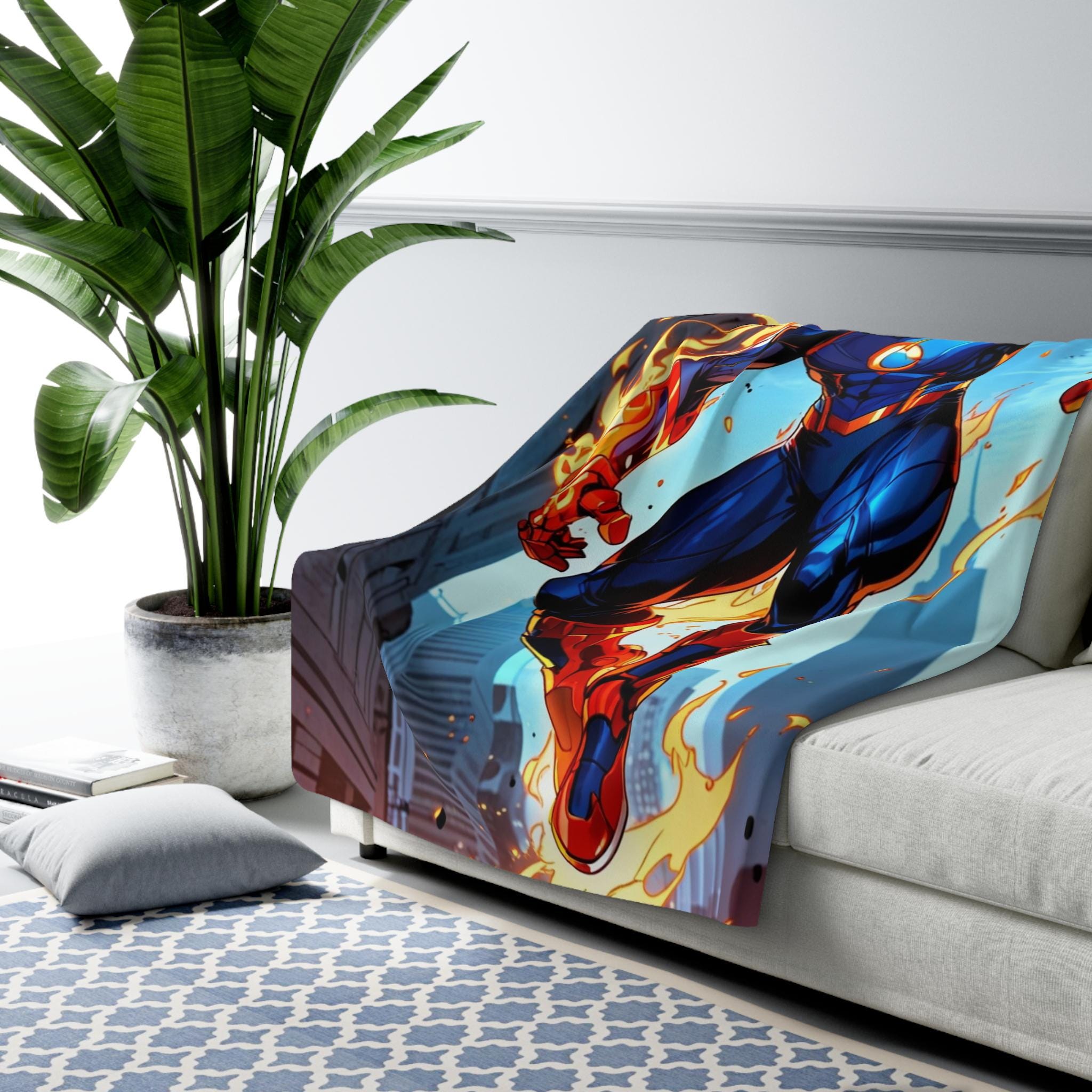 Anime Superhero Sherpa Blanket Fire Glow Hero Comic Style Cozy Gamer Gift for Him Husband Son | Epic Anime Apparel