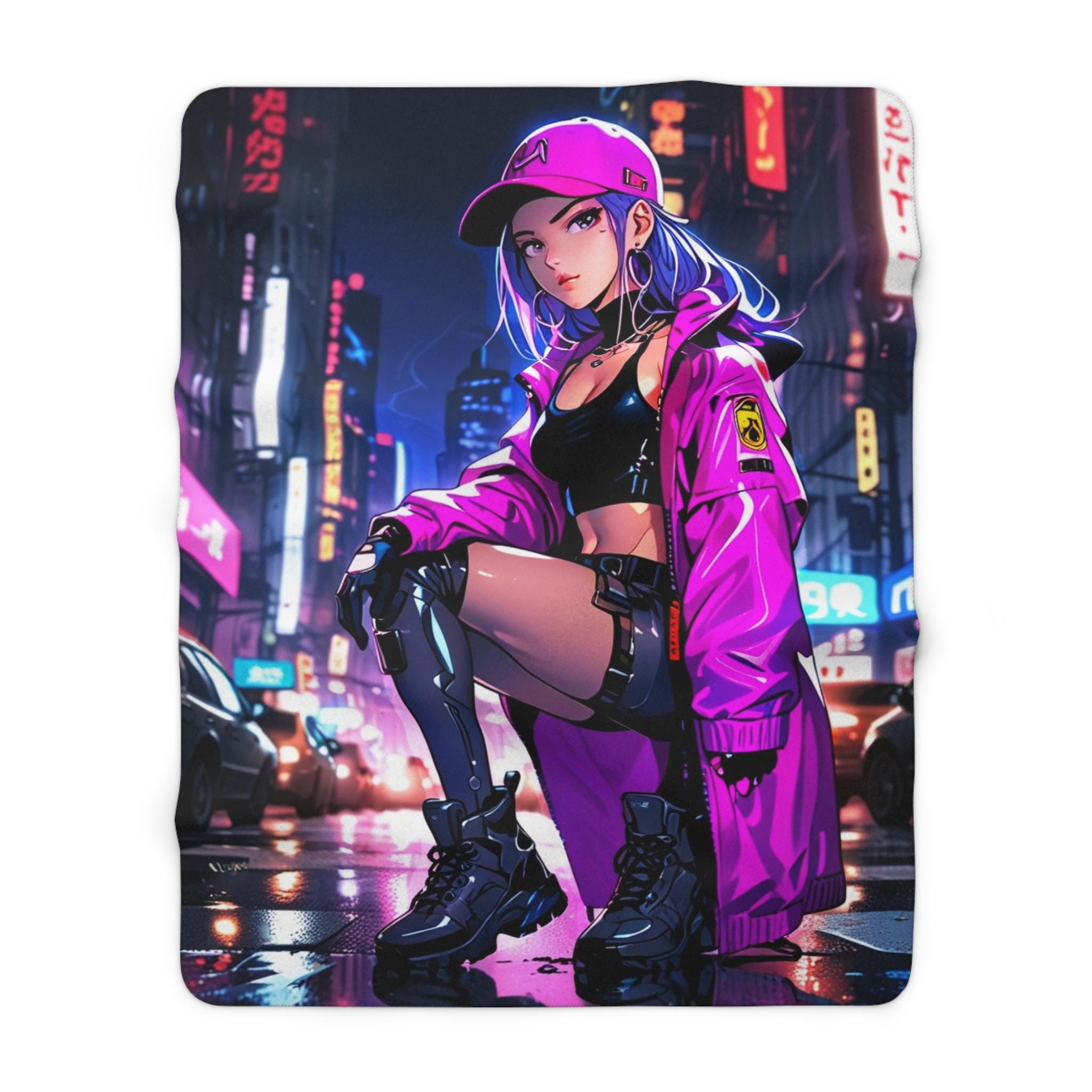 Cyberpunk Girl Sherpa Blanket Neon City Streetwear Anime Throw Blanket Gamer Gift for Her Teen Girl Anime Room Decor