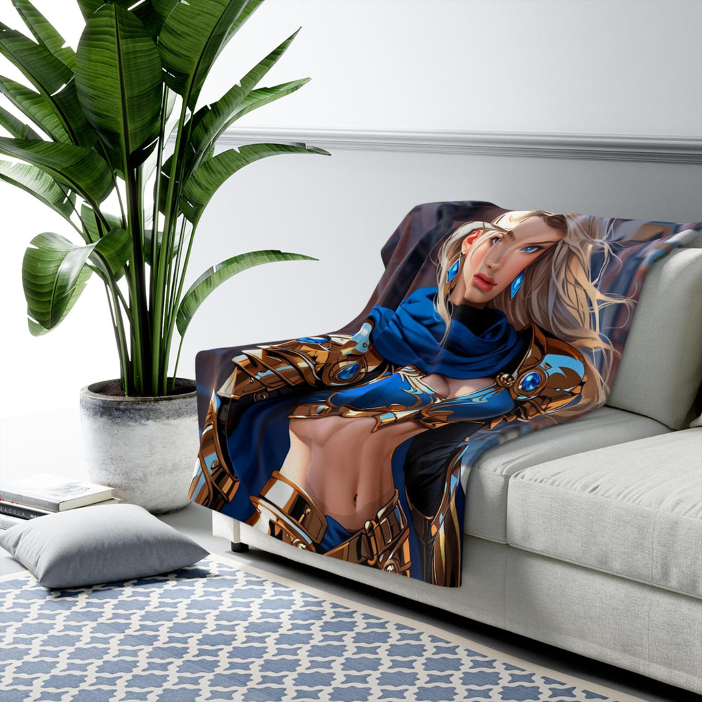 Anime Warrior Sherpa Blanket Royal Paladin Fantasy Throw Blanket Blue Gold Armor Girl Cozy Sherpa Gift fo
