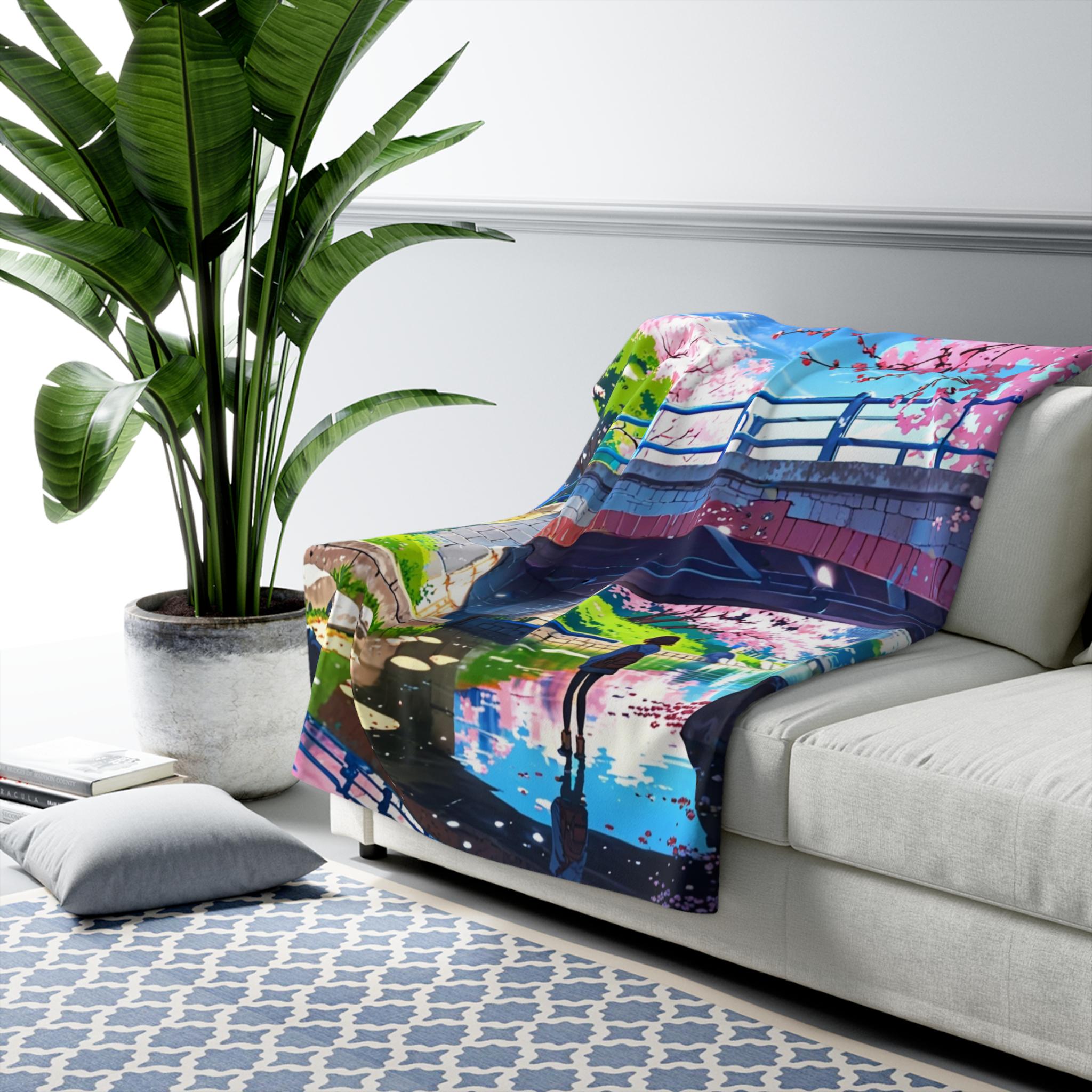 Cherry Blossom Anime Sherpa Blanket Cozy Spring Throw Japanese Bridge Scenery Gift for Anime Lovers and Dreamers