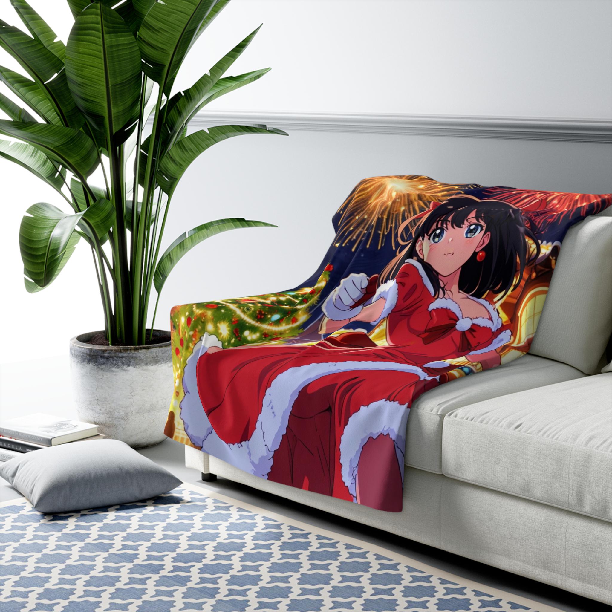 Anime Christmas Sherpa Blanket Holiday Girl Fireworks Tree Cozy Winter Throw Gift for Anime Lovers and Collectors