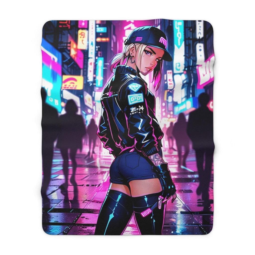 Cyberpunk Anime Girl Blanket Neon City Sherpa Throw Futuristic Street Style Gift for Gamers and Otaku Fans
