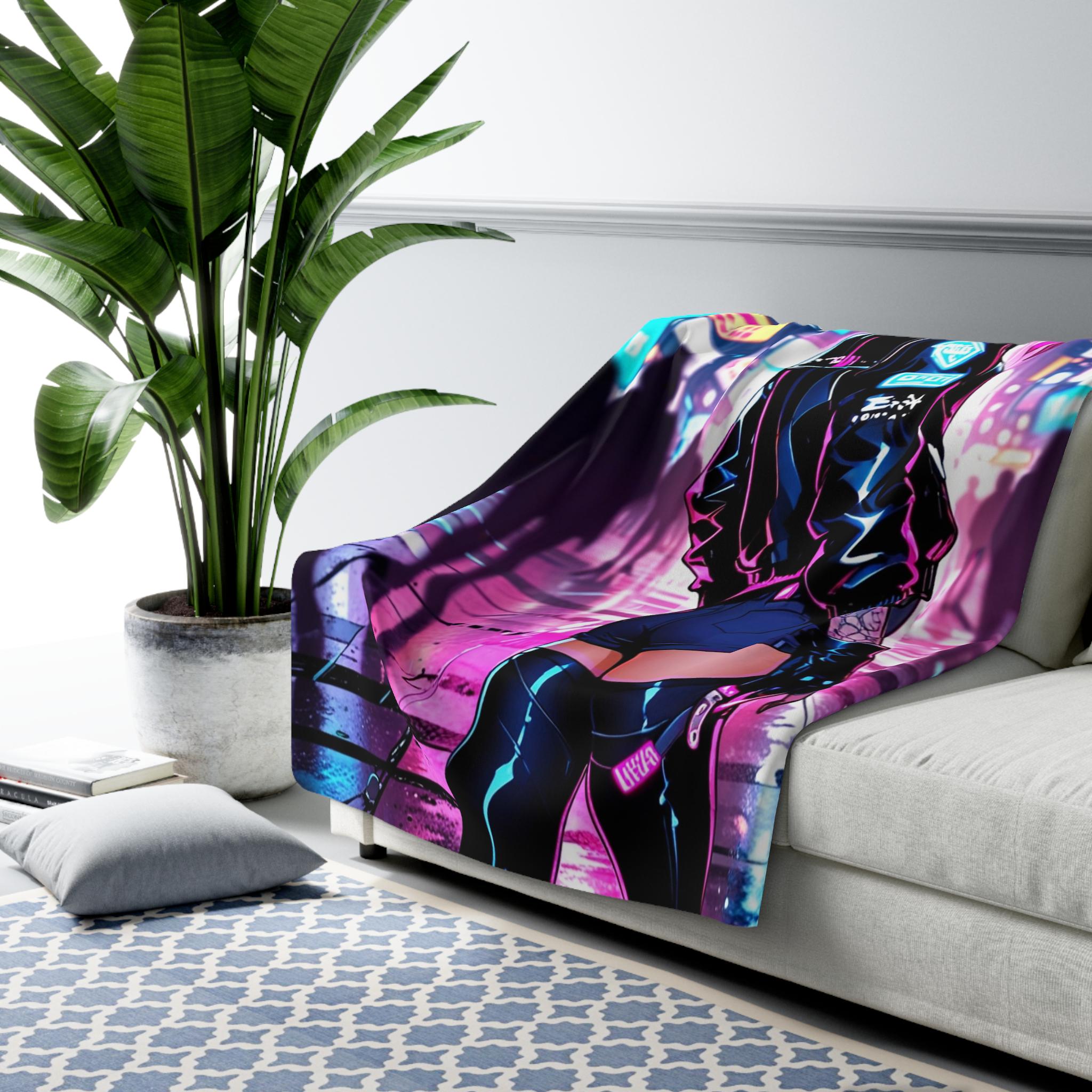 Cyberpunk Anime Girl Blanket Neon City Sherpa Throw Futuristic Street Style Gift for Gamers and Otaku Fans