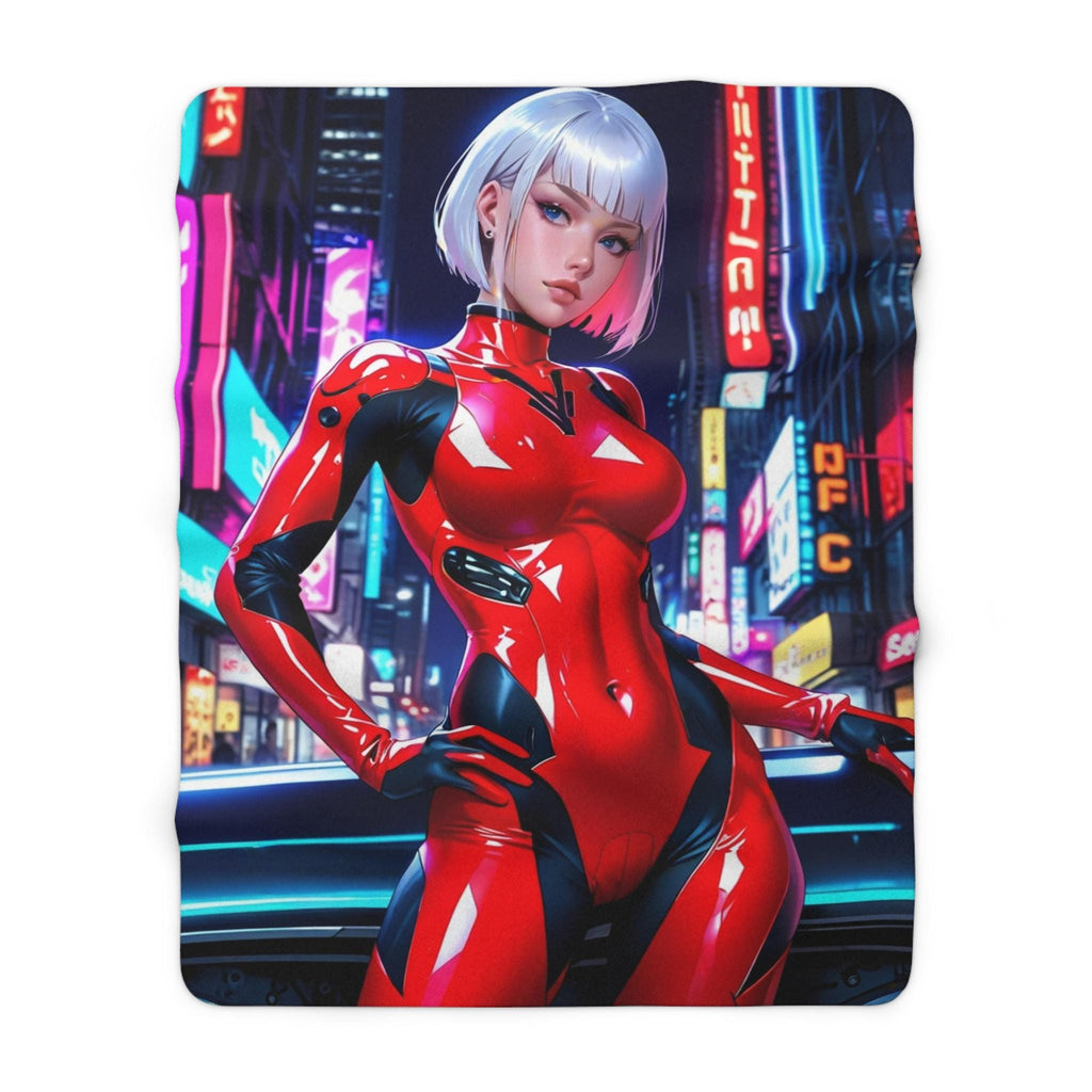 Anime Girl Red Cyber Suit Blanket Futuristic Sherpa Throw Neon Techwear Gift for Gamers and Otaku Collectors