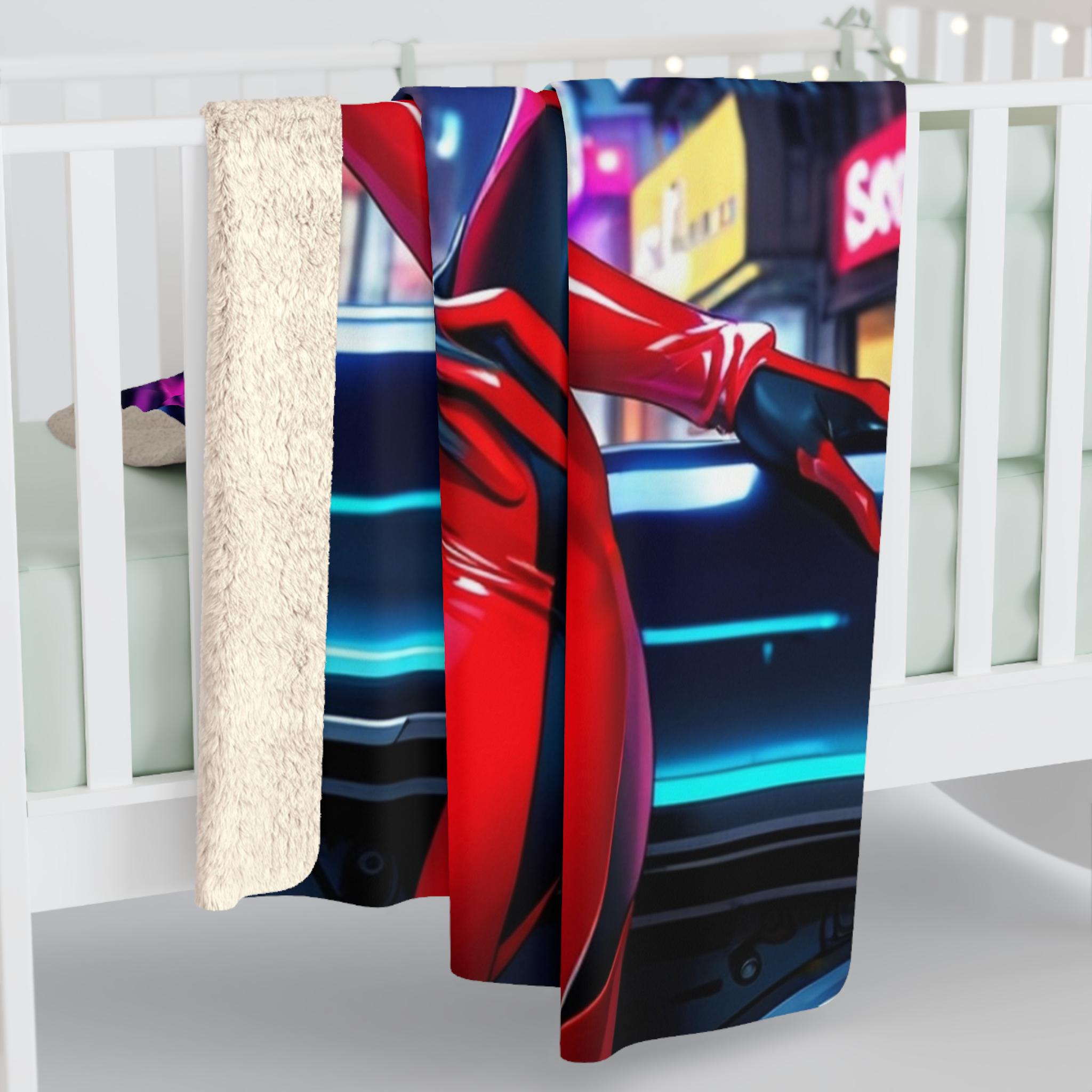 Anime Girl Red Cyber Suit Blanket Futuristic Sherpa Throw Neon Techwear Gift for Gamers and Otaku Collectors