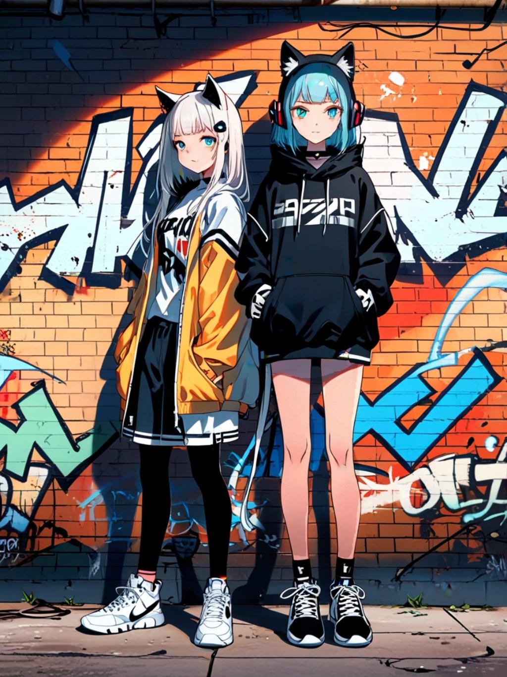 Anime Cat Ear Girls Graffiti Blanket Streetwear Sherpa Throw Urban Otaku Gift for Gamers and Collectors