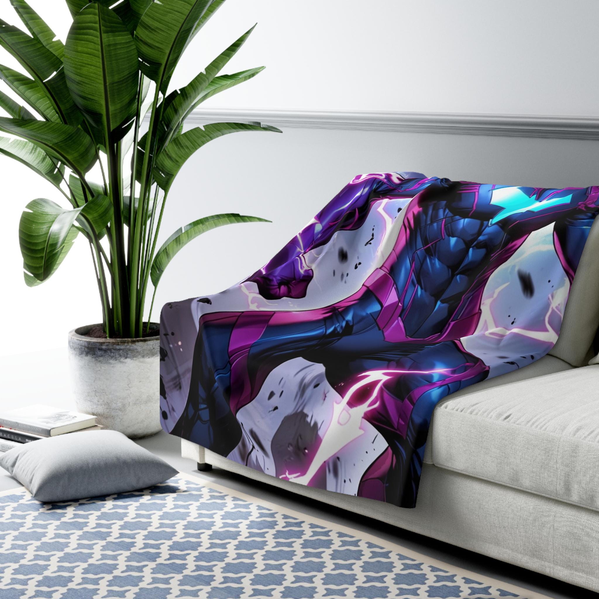 Electric Anime Hero Blanket Purple Lightning Sherpa Throw Gift for Gamers Superhero Anime Fans Boys Room Decor