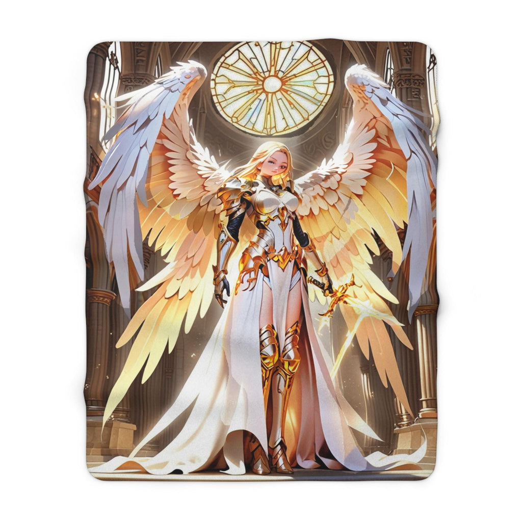 Angel Warrior Blanket Gold Wings Sherpa Throw Anime Cathedral Hero Art Guardian Angel Gift for Fantasy Lovers