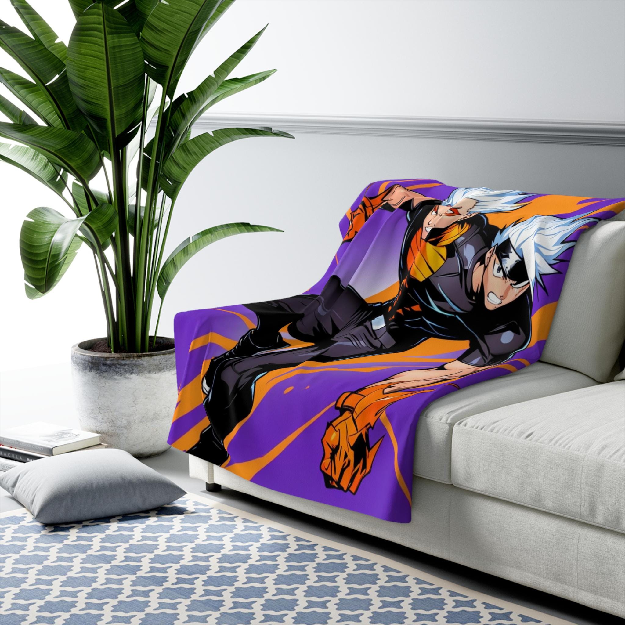 Anime Twin Heroes Blanket White Hair Lightning Duo Sherpa Throw Purple Orange Neon Shonen Energy Blanket for Anime Lovers