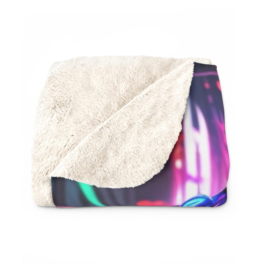 Cyberpunk Anime Sherpa Blanket Neon Street Hero Futuristic Techwear Gift for Gamers and Anime Fans