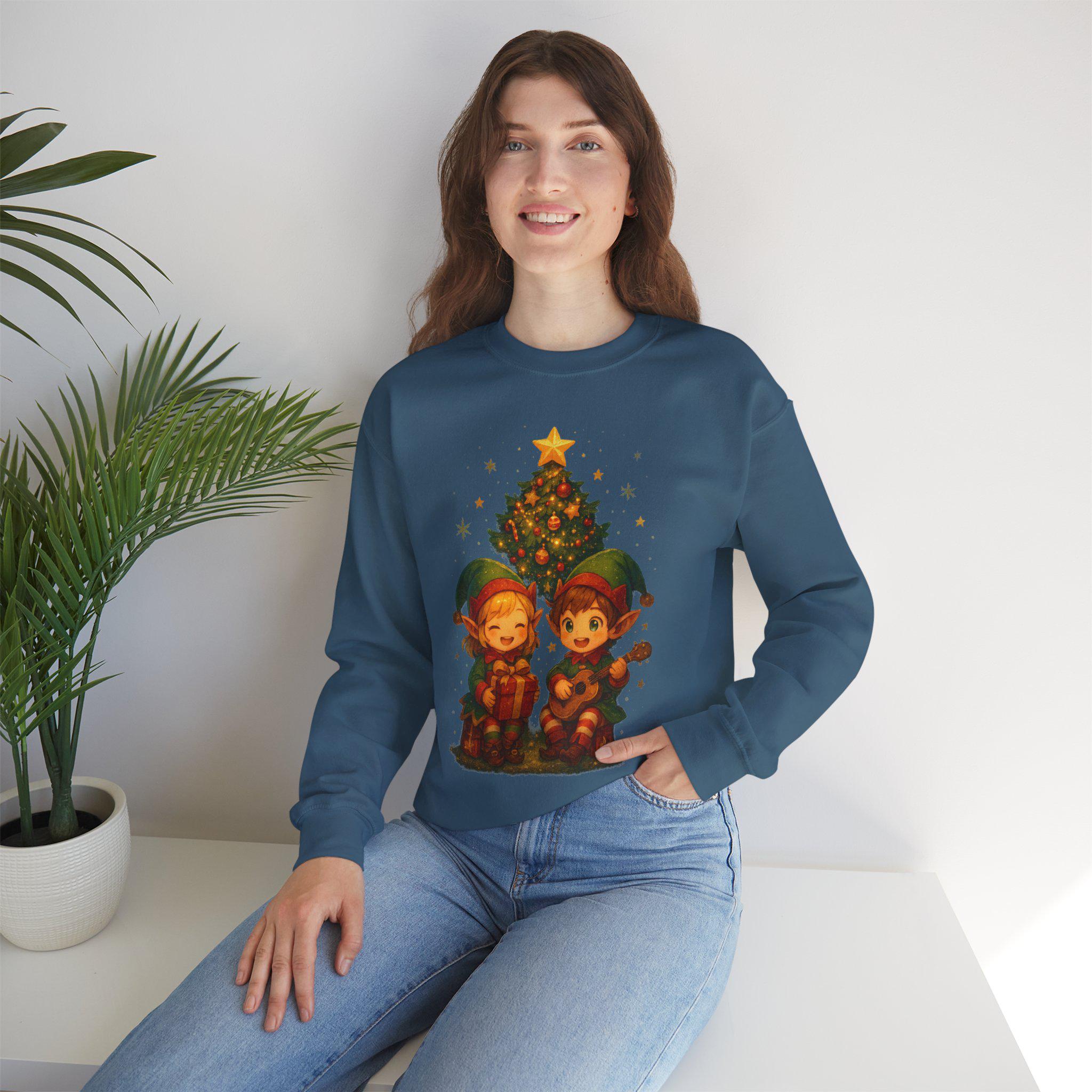 Anime Christmas Tree Sweatshirt Cute Elf Duo Cozy Holiday Gift Winter Apparel for Anime Fans and Gamers
