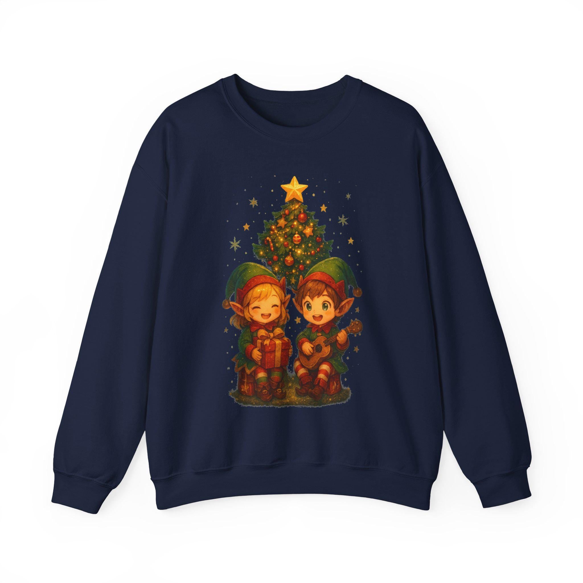 Anime Christmas Tree Sweatshirt Cute Elf Duo Cozy Holiday Gift Winter Apparel for Anime Fans and Gamers