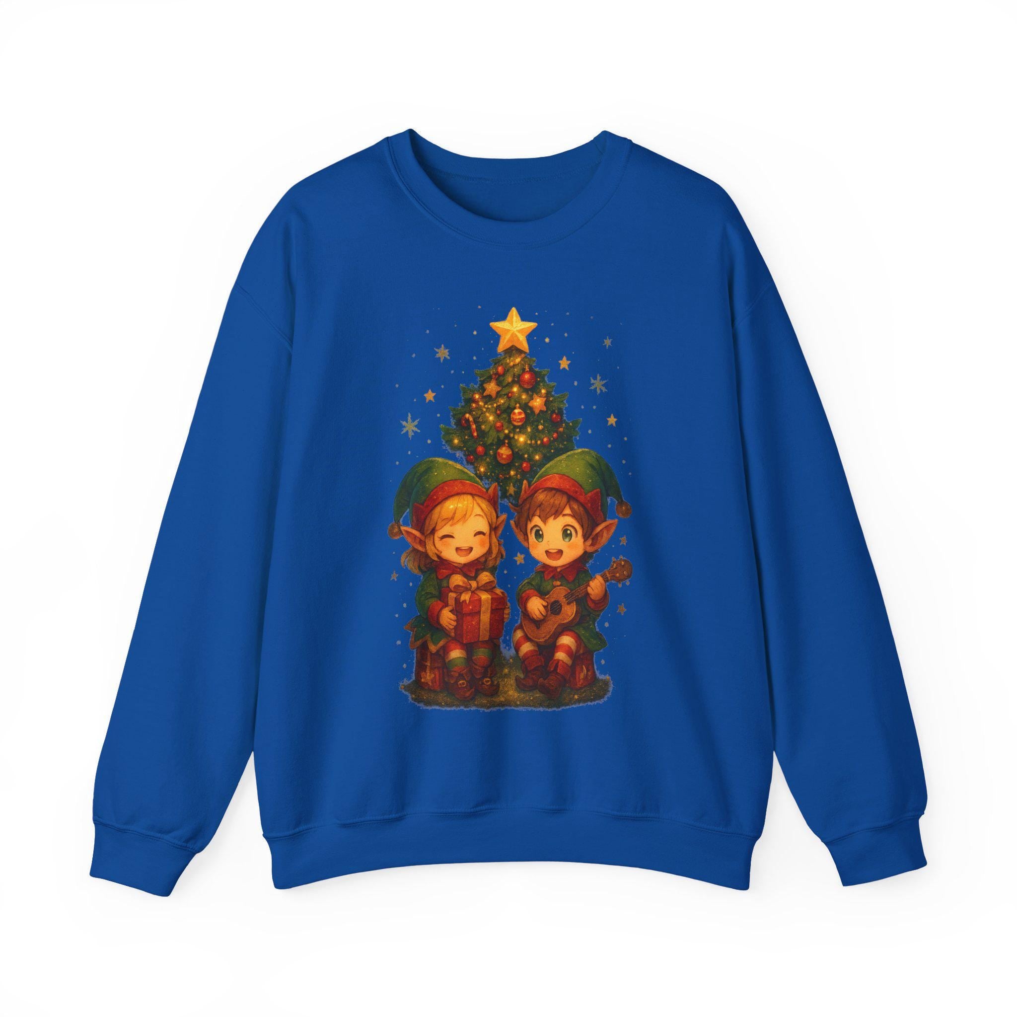Anime Christmas Tree Sweatshirt Cute Elf Duo Cozy Holiday Gift Winter Apparel for Anime Fans and Gamers