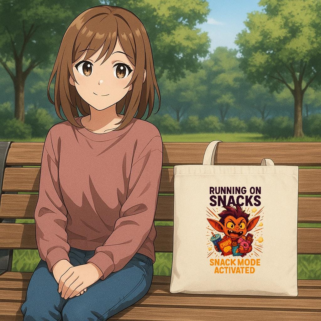 Running on Snacks Tote | Funny Goblin Anime Style Canvas Tote | Snack Mode Activated Gift for Foodies, Gamers, Students, and Gremlin Girls