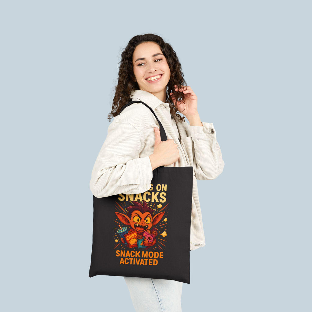 Running on Snacks Tote | Funny Goblin Anime Style Canvas Tote | Snack Mode Activated Gift for Foodies, Gamers, Students, and Gremlin Girls