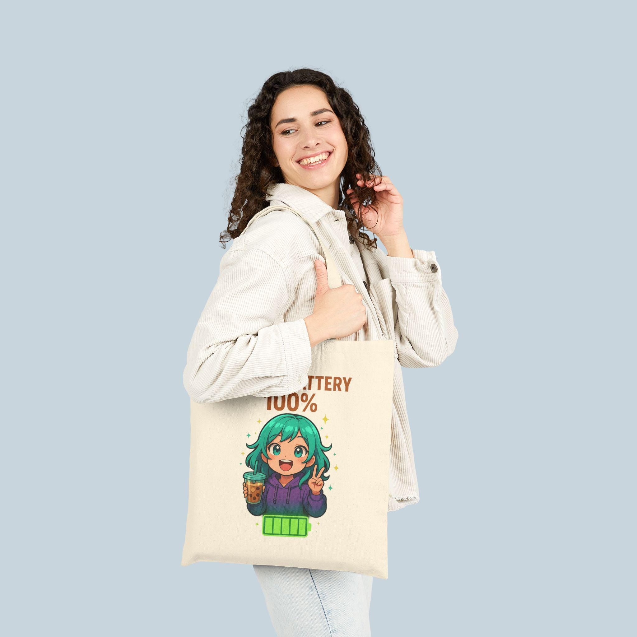 Social Battery 100% Tote Bag | Cute Anime Girl with Boba, Recharge Graphic