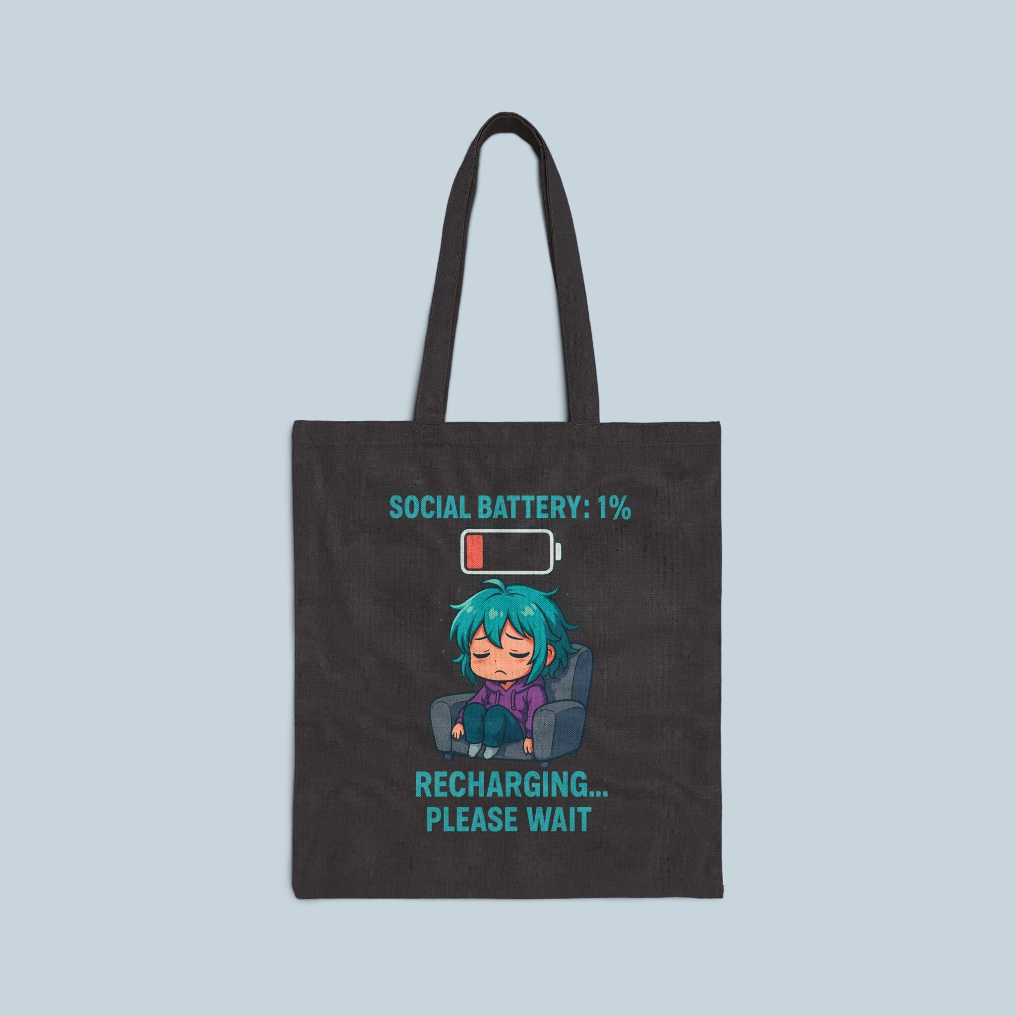 Social Battery 1% Tote Bag | Funny Introvert Anime Girl Canvas Tote | Recharging Please Wait Bag Gift for Gamers, Students, Coffee Lovers