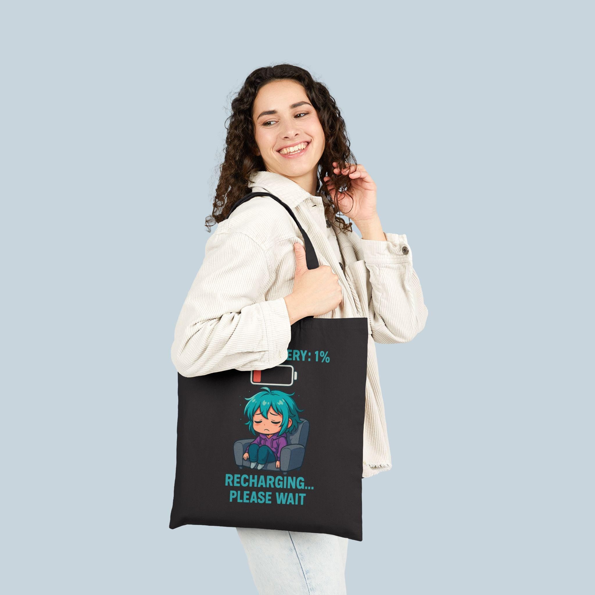 Social Battery 1% Tote Bag | Funny Introvert Anime Girl Canvas Tote | Recharging Please Wait Bag Gift for Gamers, Students, Coffee Lovers