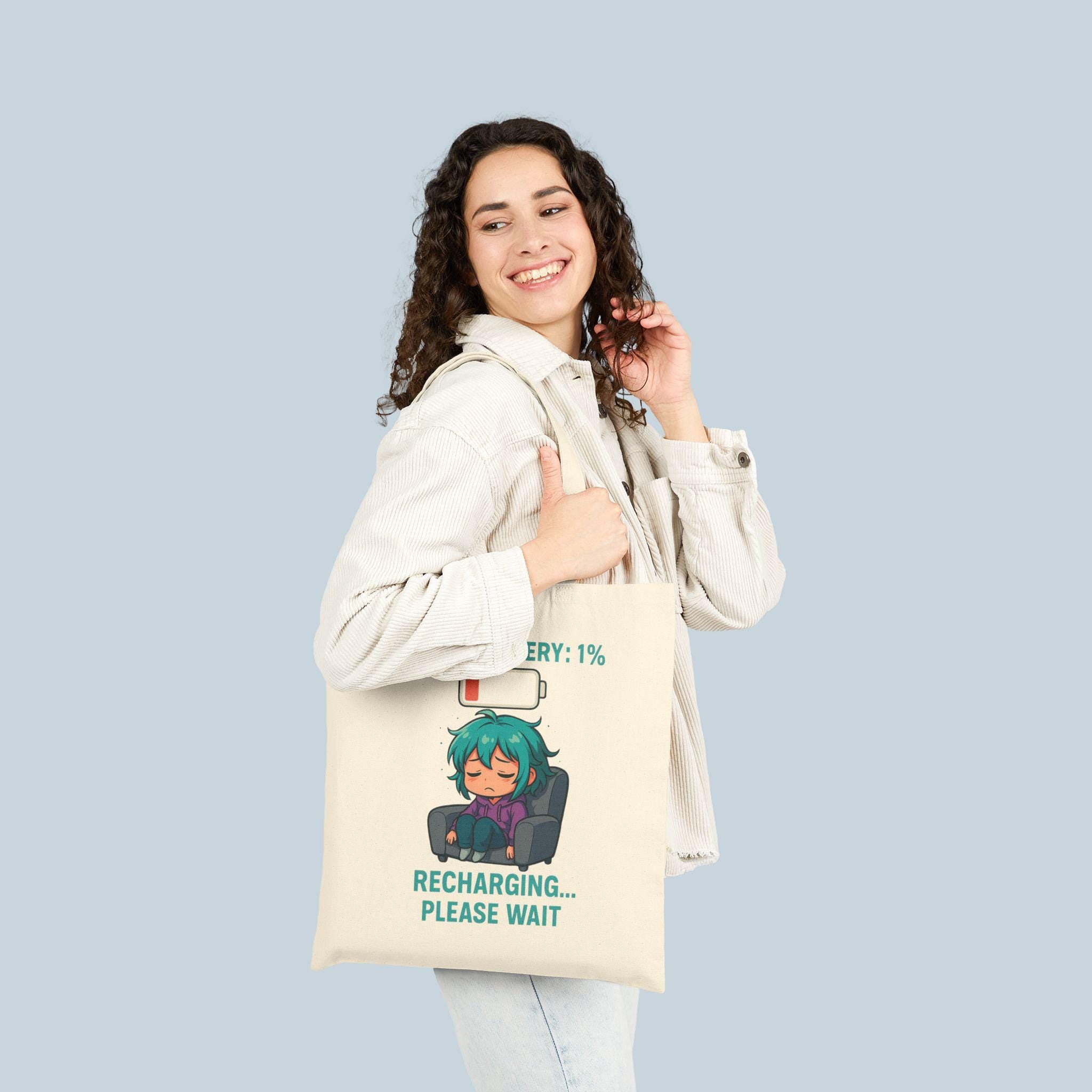 Social Battery 1% Tote Bag | Funny Introvert Anime Girl Canvas Tote | Recharging Please Wait Bag Gift for Gamers, Students, Coffee Lovers