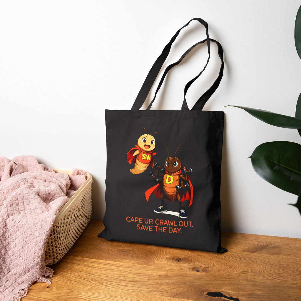 SuperWorm and D-Roach Tote Bag | Funny Eco Hero Reusable Canvas Bag | Cute Cartoon Superhero Insect Gift for Kids and Garden Lovers