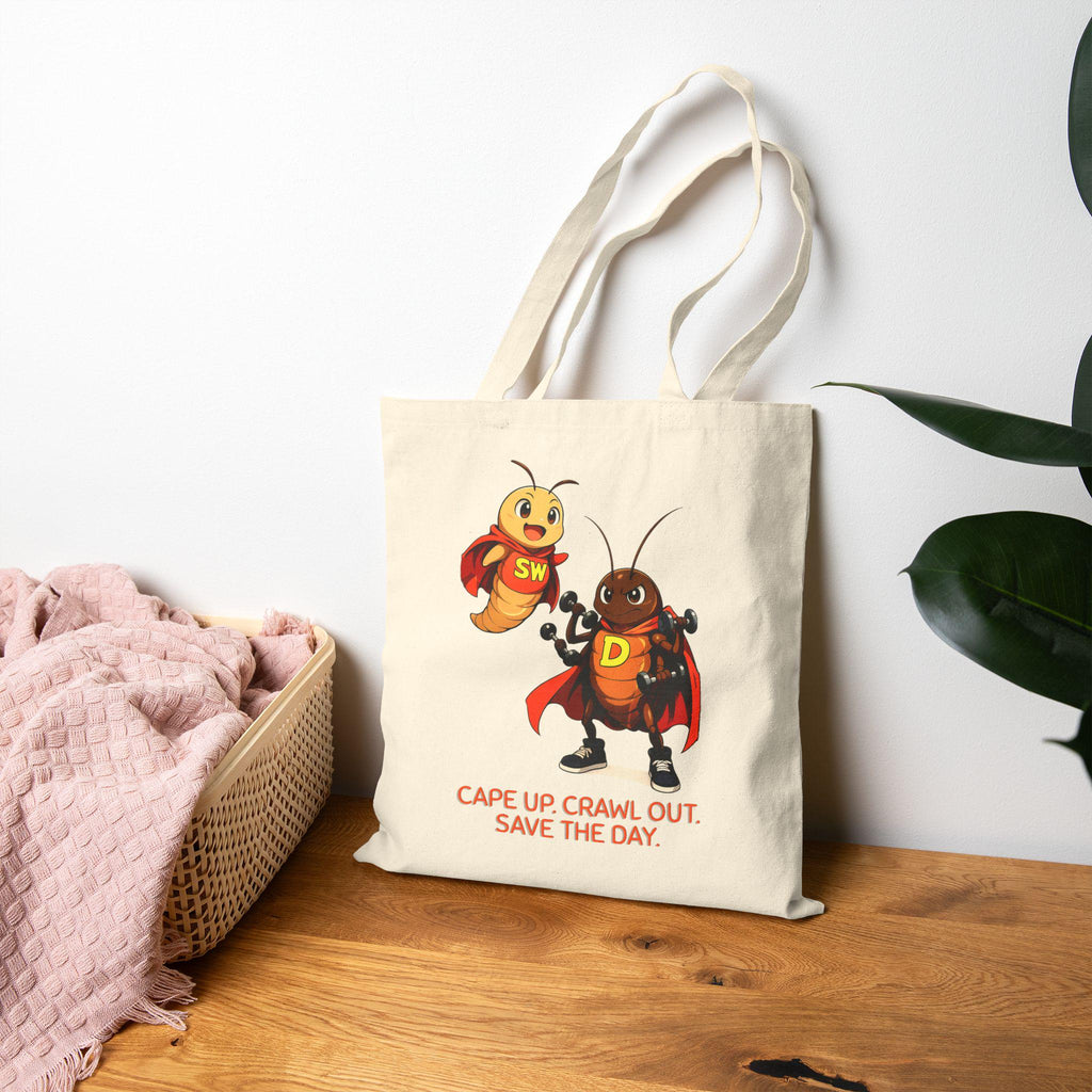 SuperWorm and D-Roach Tote Bag | Funny Eco Hero Reusable Canvas Bag | Cute Cartoon Superhero Insect Gift for Kids and Garden Lovers