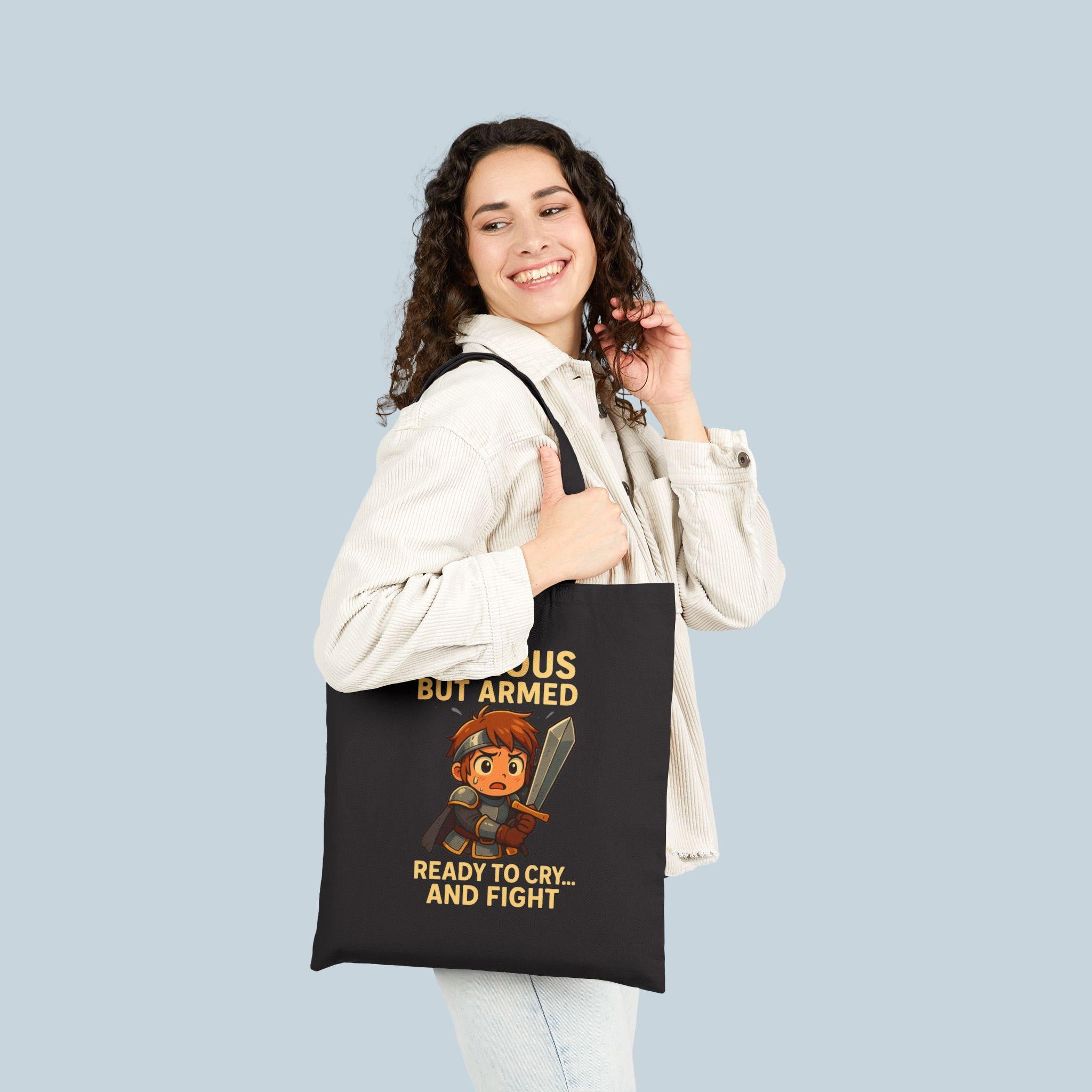 Anxious But Armed Tote Bag Funny Gamer Gift for Anime Fans Nerdy Warrior Humor Ready to Cry and Fight Satchel