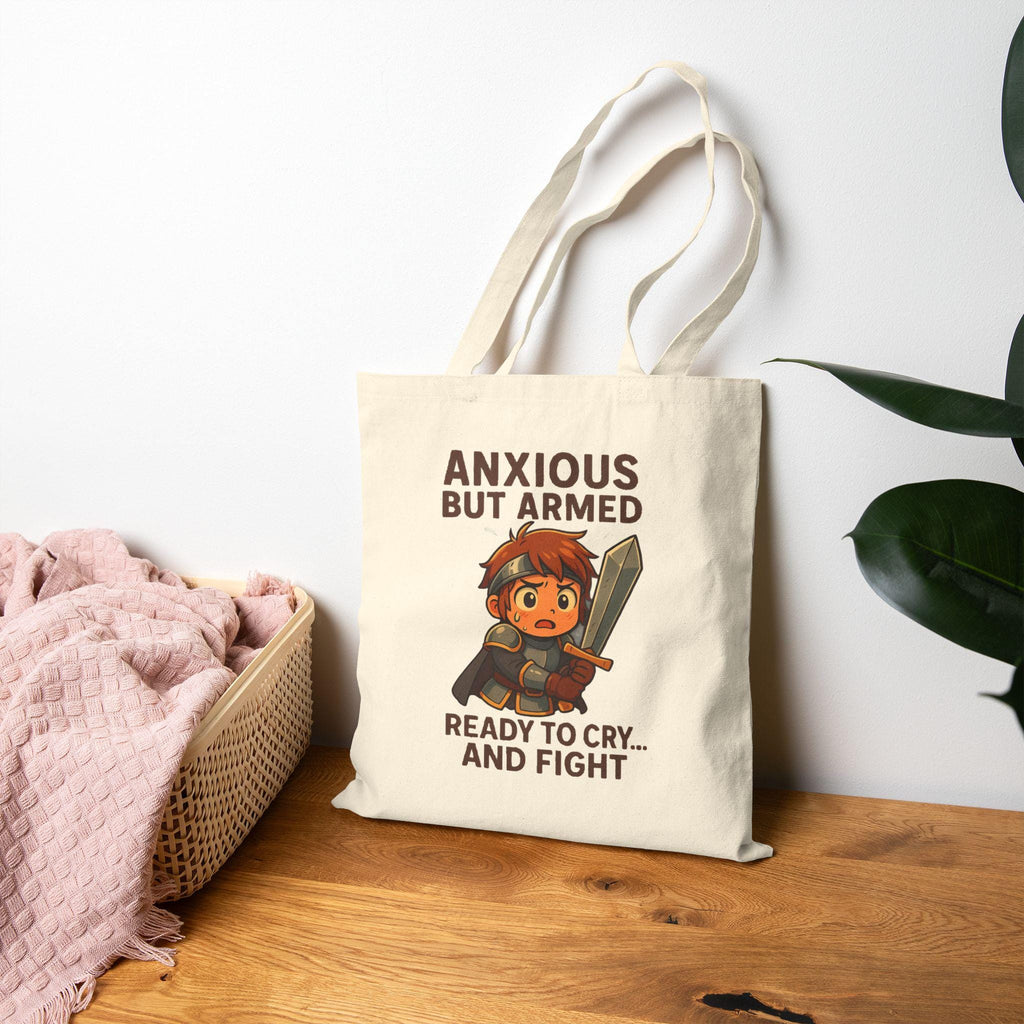 Anxious But Armed Tote Bag Funny Gamer Gift for Anime Fans Nerdy Warrior Humor Ready to Cry and Fight Satchel