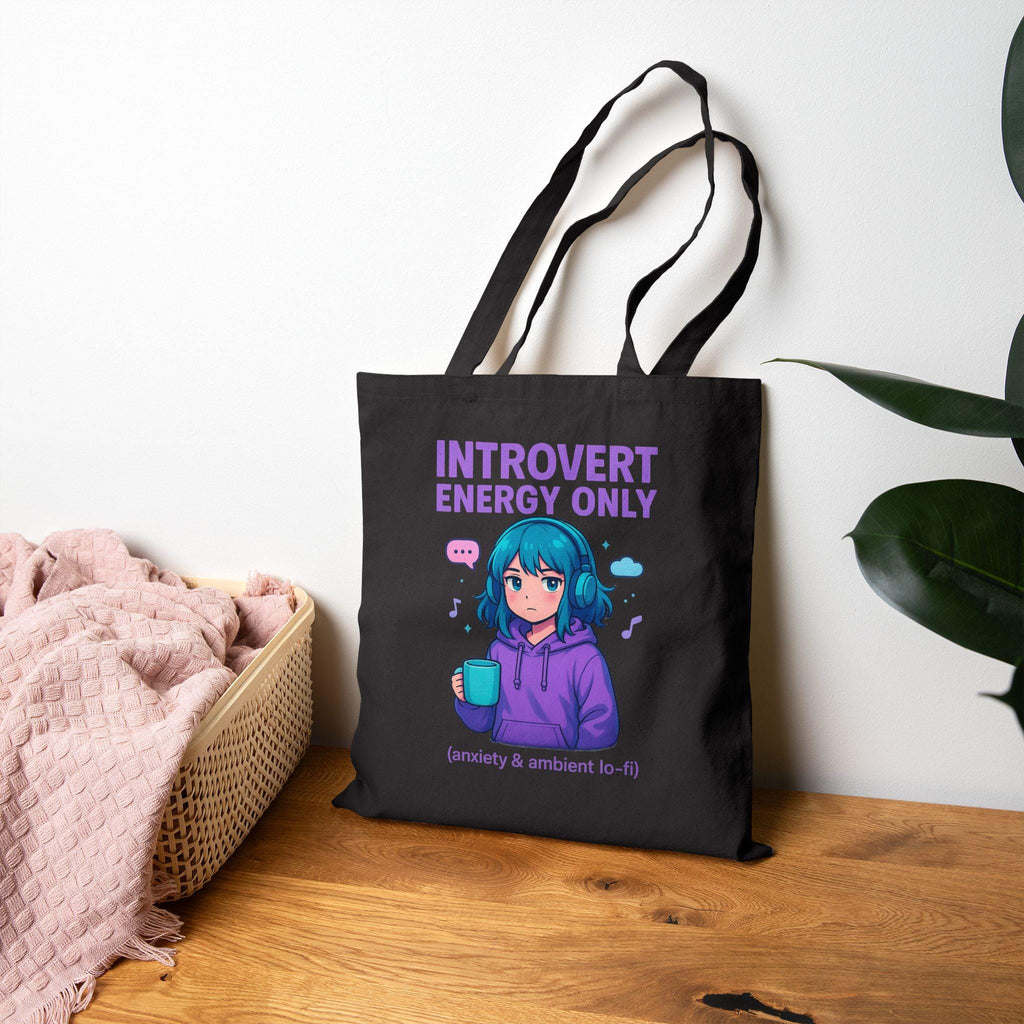 Introvert Energy Only Tote Bag Funny Lo-Fi Anime Girl Anxiety Gift for Shy People and Chill Vibes Fans