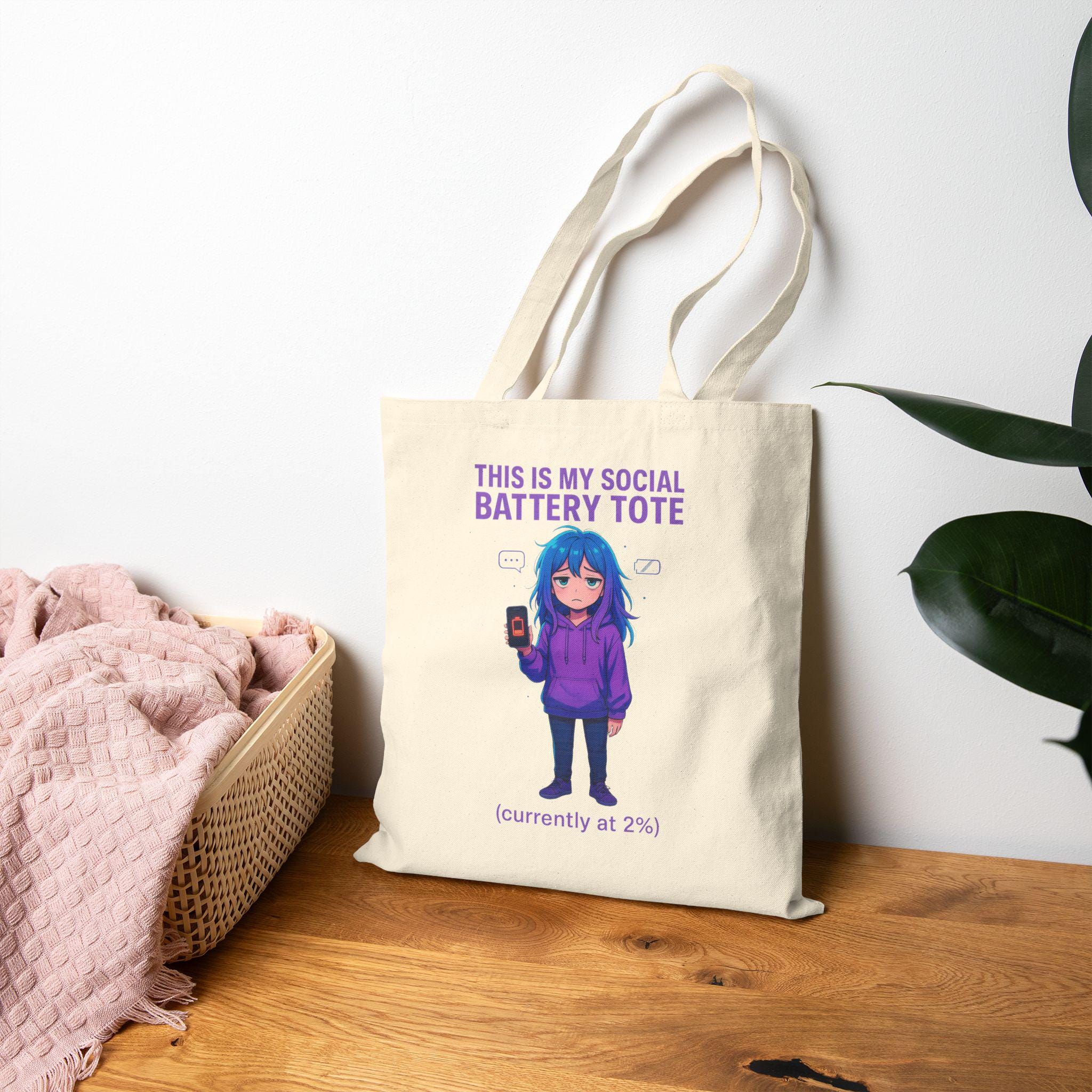 Social Battery Tote Bag Funny Anime Girl Introvert Gift for Shy People and Low Energy Days